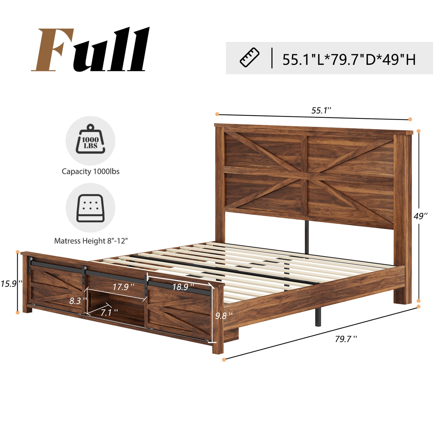 Merluxy Farmhouse Wood Bed Frame Full Size with Sliding Barn Door Storage Cabinets and Headboard,Solid Wood Slats Support,No Squeak, No Box Spring Needed,Rusric Brown