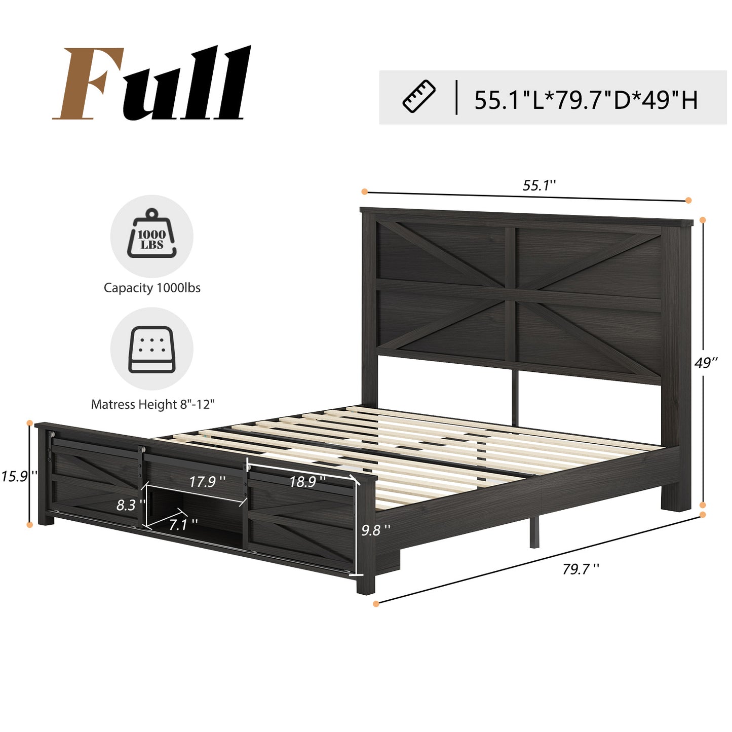 Merluxy Farmhouse Wood Bed Frame Full Size with Sliding Barn Door Storage Cabinets and Headboard,Solid Wood Slats Support,No Squeak, No Box Spring Needed,Rusric Brown