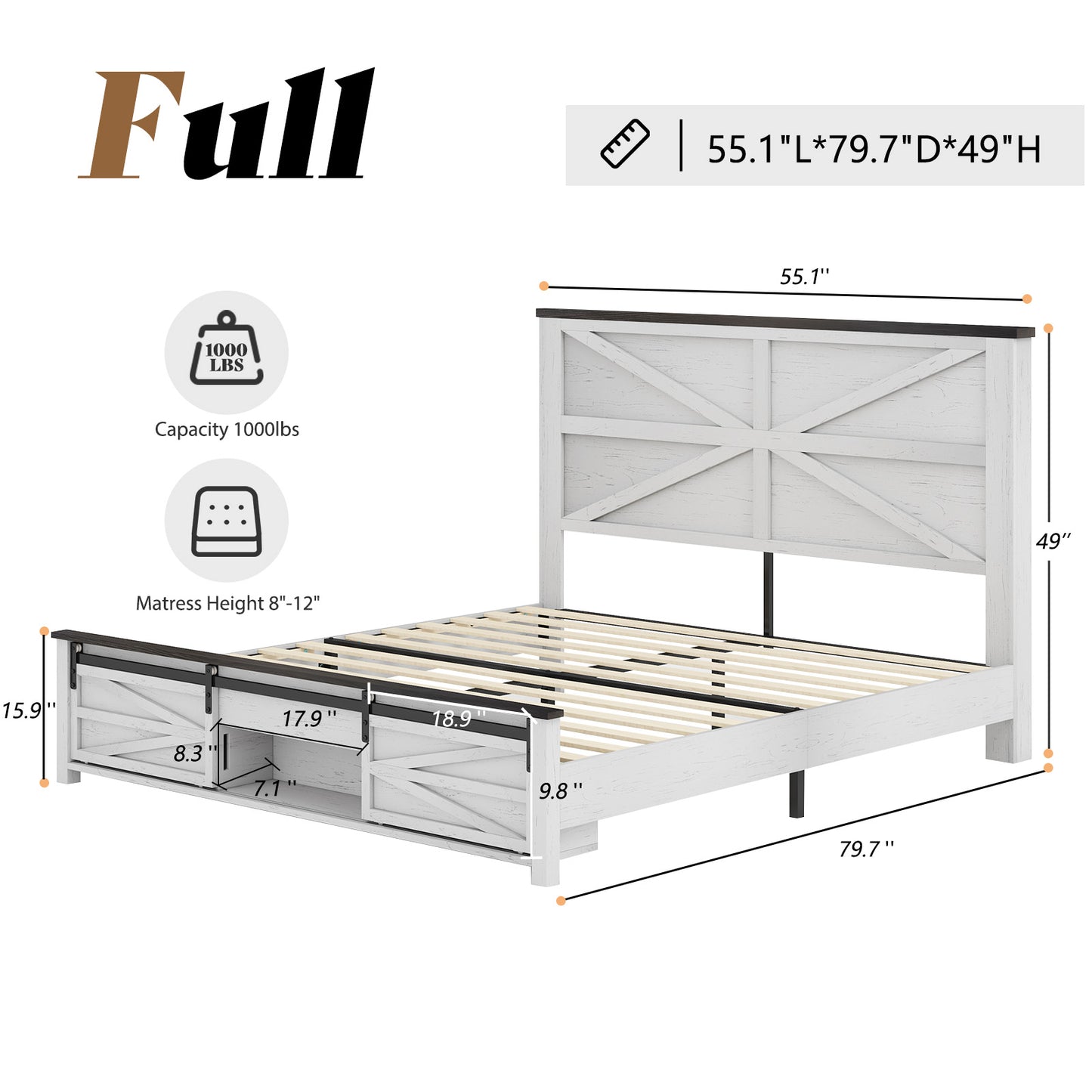 Merluxy Farmhouse Wood Bed Frame Full Size with Sliding Barn Door Storage Cabinets and Headboard,Solid Wood Slats Support,No Squeak, No Box Spring Needed,Rusric Brown