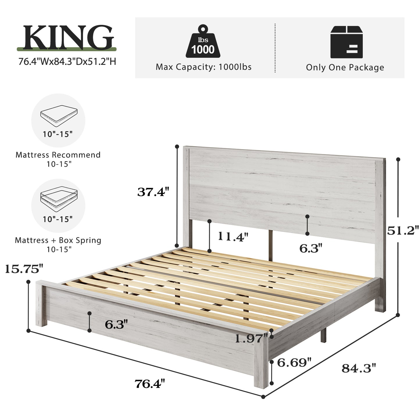 Merluxy Full Size 51.2" Wood Bed Frame, Rustic Platform Bed with Spliced Headboard, Wood Slats Support/Noiseless/No Box Spring Needed/Antique White