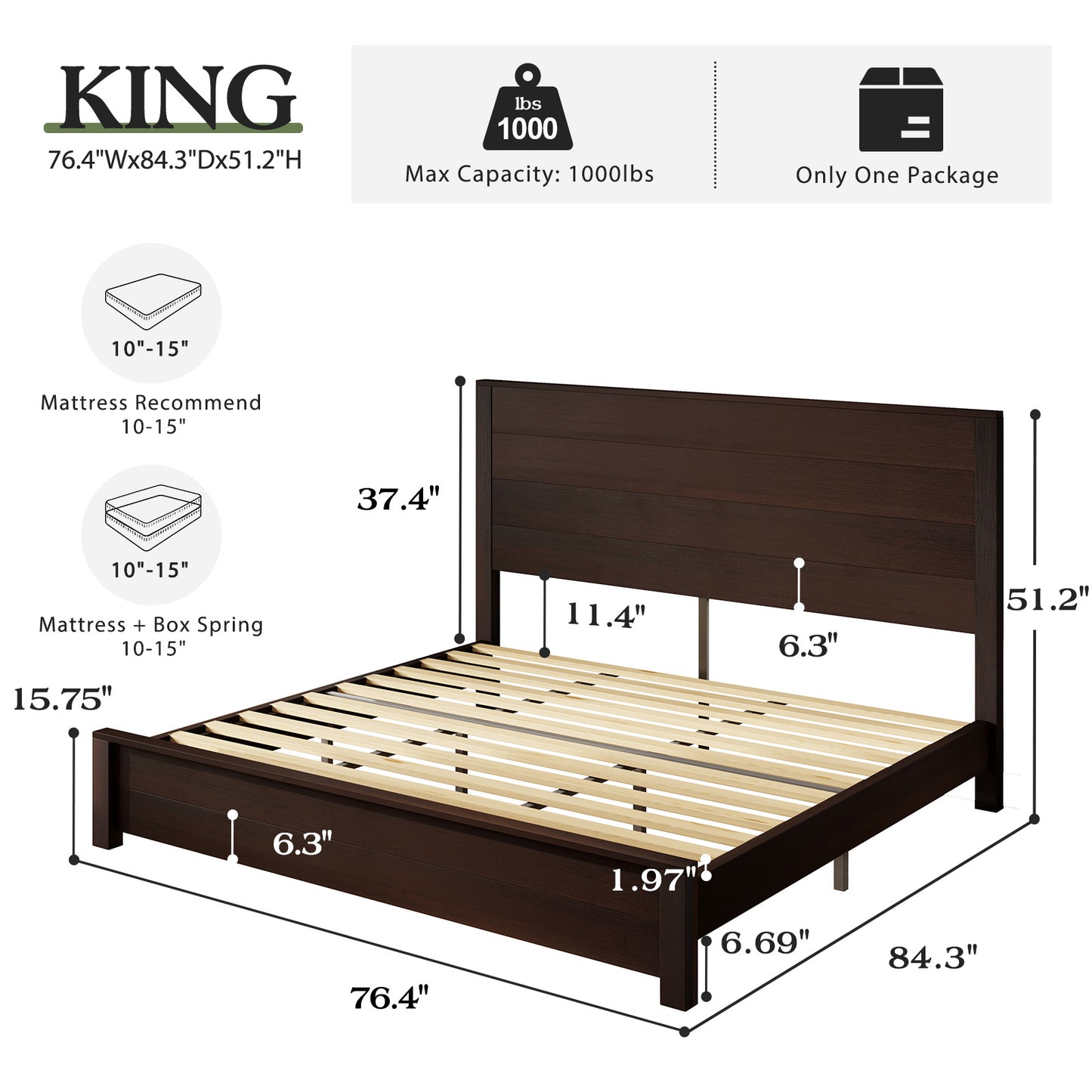 Merluxy Full Size 51.2" Wood Bed Frame, Rustic Platform Bed with Spliced Headboard, Wood Slats Support/Noiseless/No Box Spring Needed/Antique White