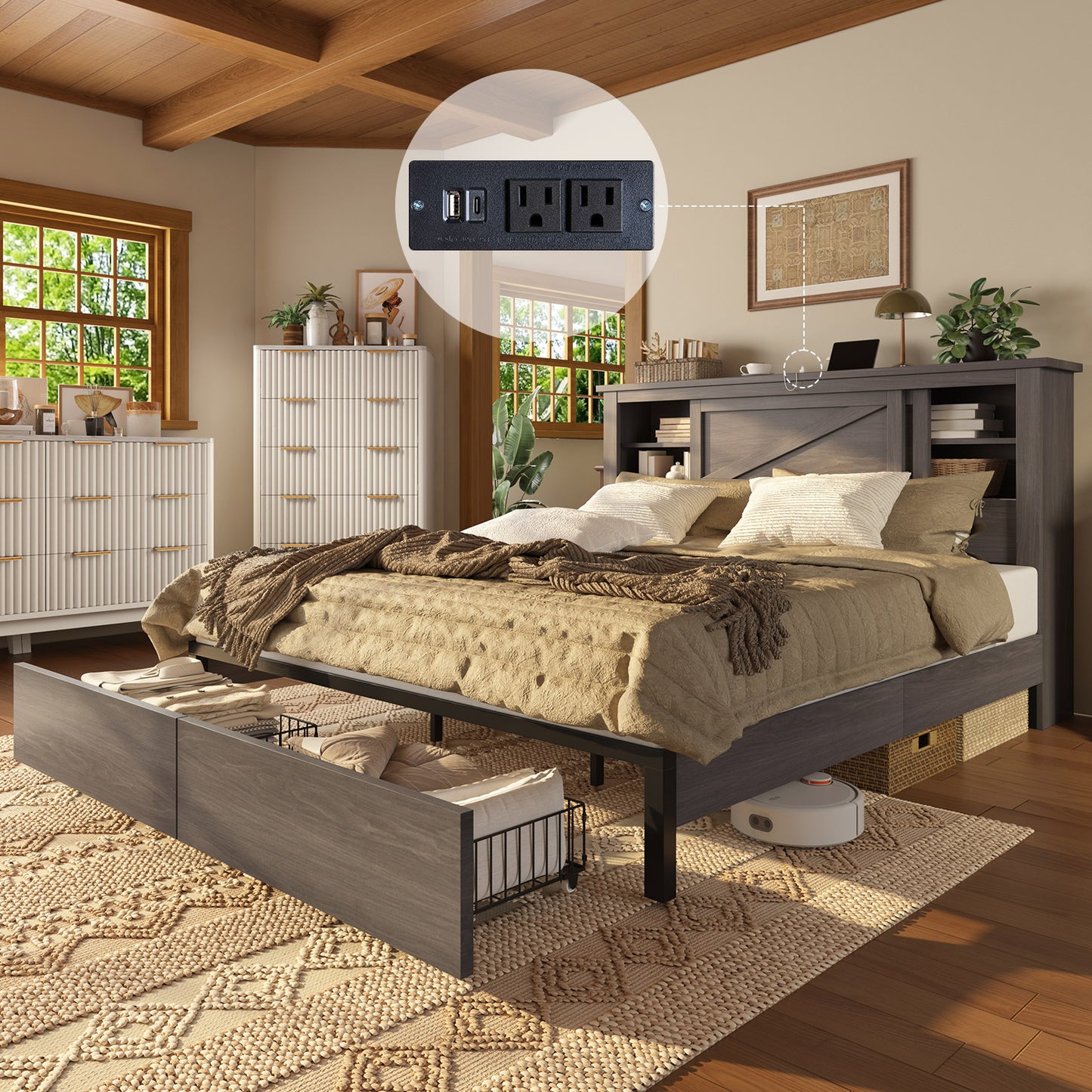 Papajet Bed Frame with Bookcase Headboard & Charging Station, 2 Storage Drawers