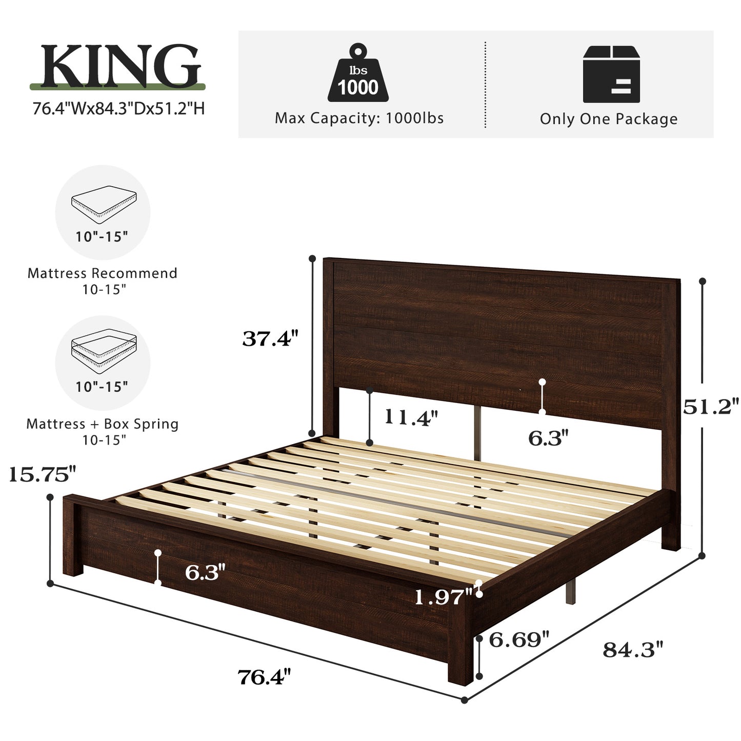 Merluxy Full Size 51.2" Wood Bed Frame, Rustic Platform Bed with Spliced Headboard, Wood Slats Support/Noiseless/No Box Spring Needed/Antique White