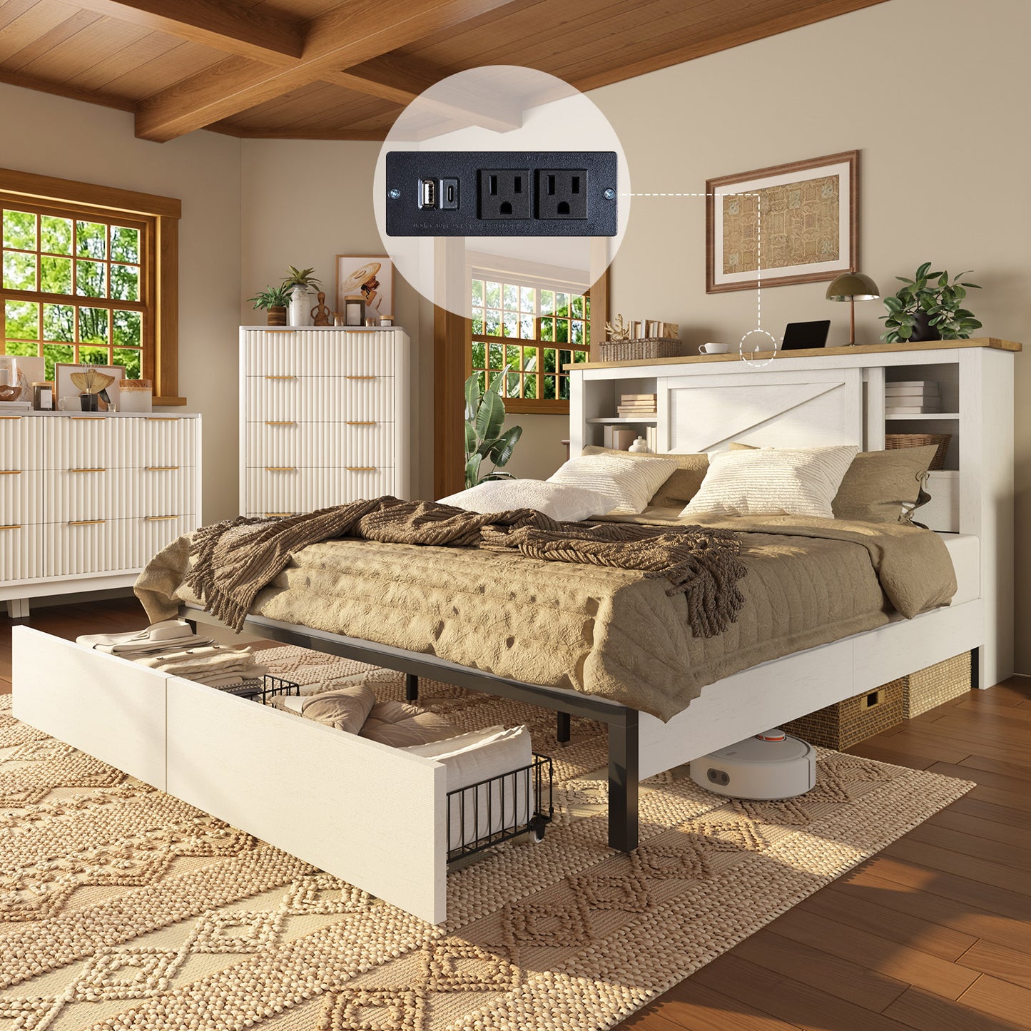 Papajet Bed Frame with Bookcase Headboard & Charging Station, 2 Storage Drawers