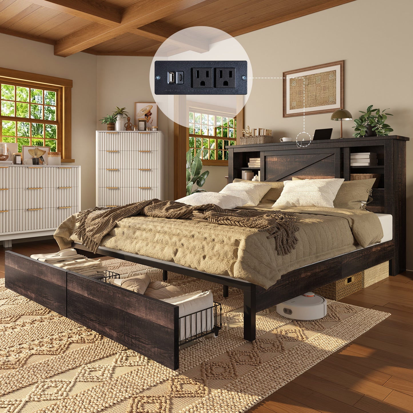 Papajet Bed Frame with Bookcase Headboard & Charging Station, 2 Storage Drawers