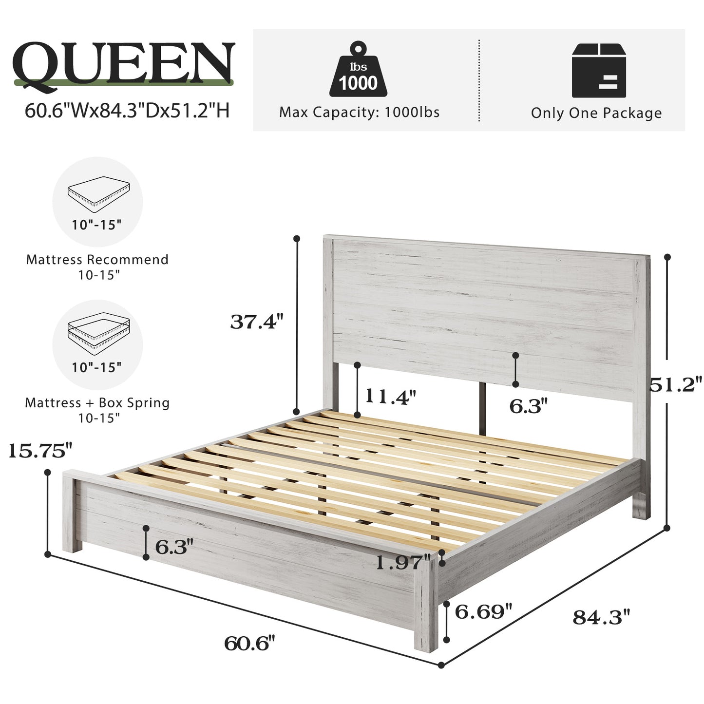 Merluxy Full Size 51.2" Wood Bed Frame, Rustic Platform Bed with Spliced Headboard, Wood Slats Support/Noiseless/No Box Spring Needed/Antique White