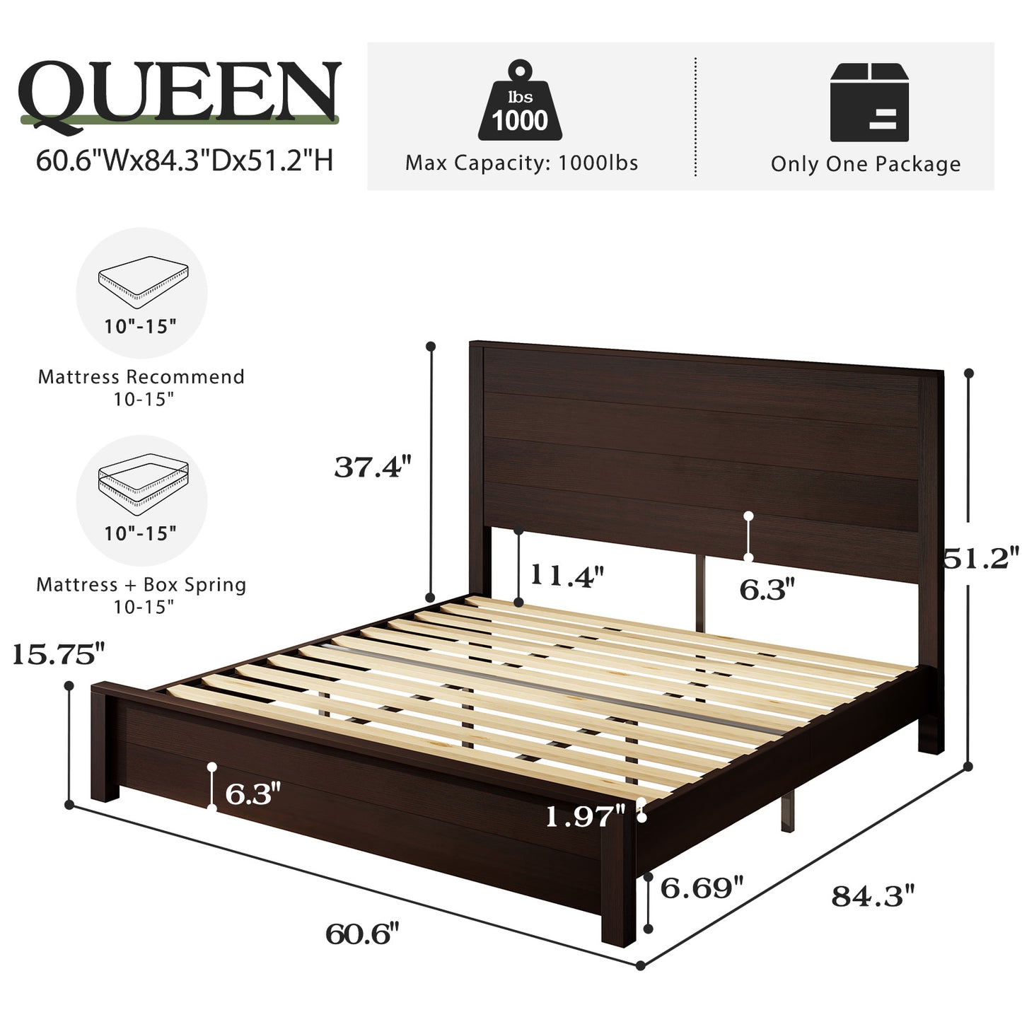 Merluxy Full Size 51.2" Wood Bed Frame, Rustic Platform Bed with Spliced Headboard, Wood Slats Support/Noiseless/No Box Spring Needed/Antique White