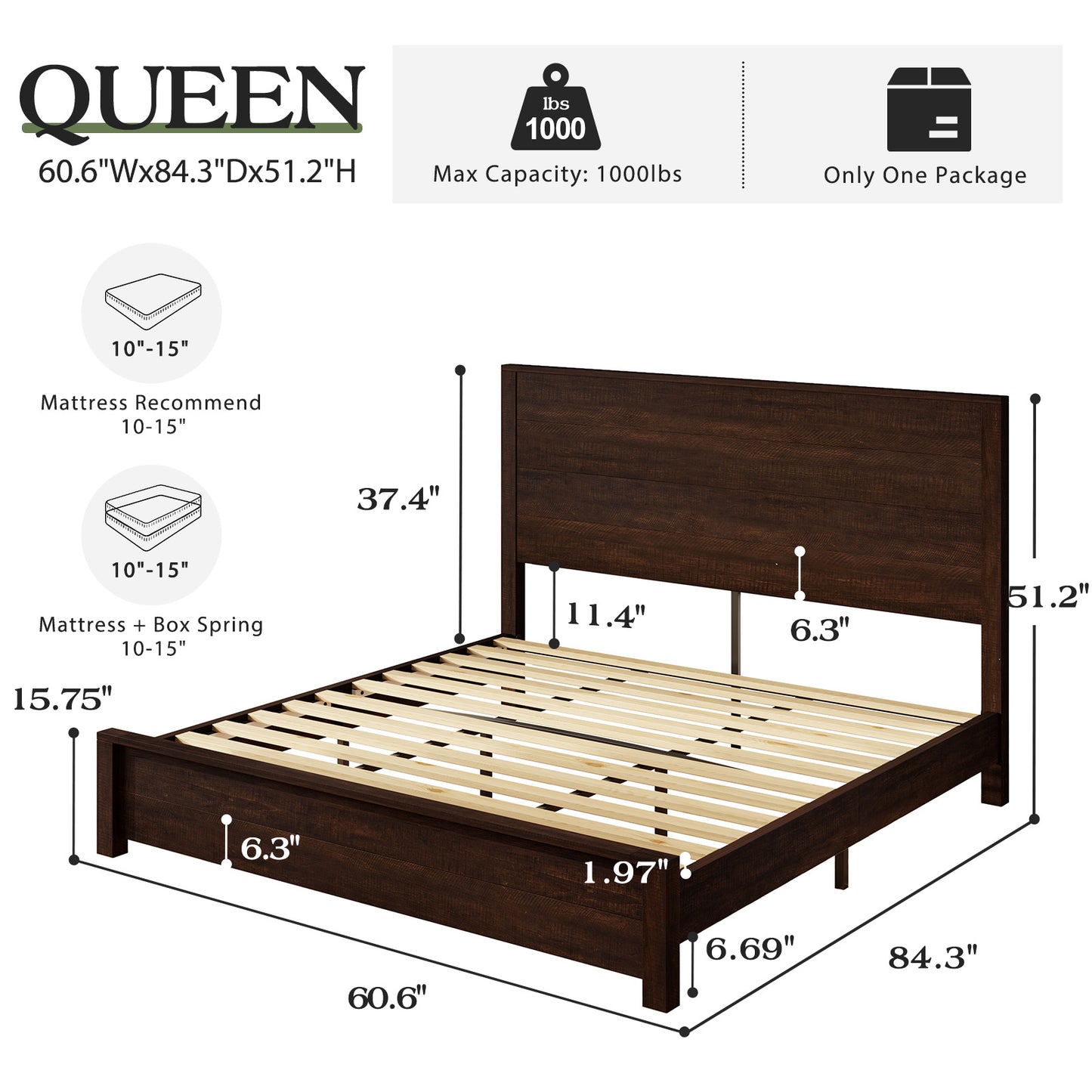 Merluxy Full Size 51.2" Wood Bed Frame, Rustic Platform Bed with Spliced Headboard, Wood Slats Support/Noiseless/No Box Spring Needed/Antique White