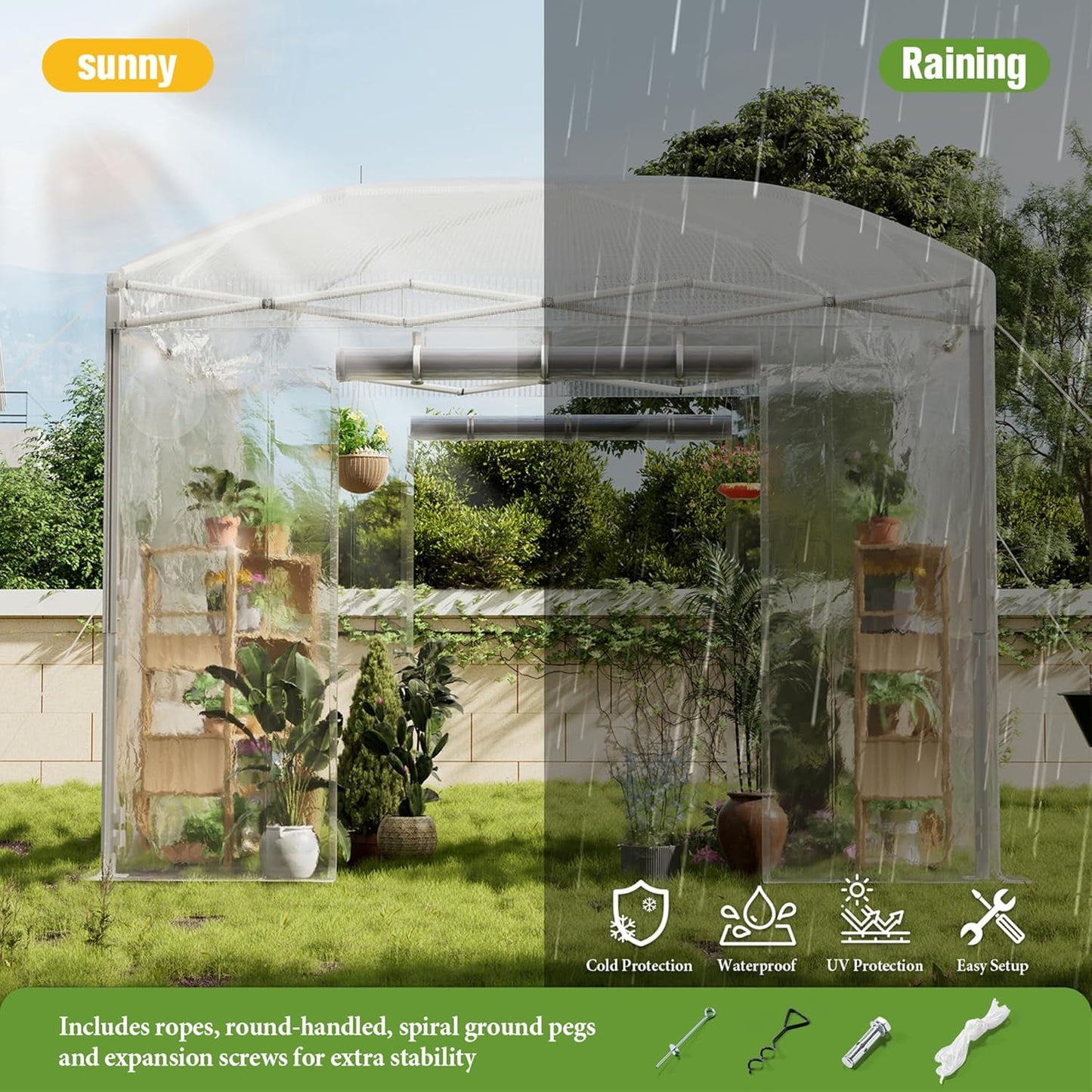 Jocisland 9.7x9.7×8.5 FT Upgraded Pop-up Greenhouses for Outdoors Indoor with Adjustable Reinforced Frame, Portable Walk in Green house with Roll-up Zipper Door, Windows and PE Cover, White