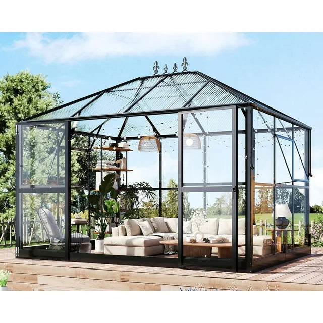 Jocisland 14x9.5x9 FT Pavilion Styled Greenhouse with Clear Panels Double Swing Doors, 6 FT Wall Height Hybrid Polycarbonate Greenhouse, Green Houses for Outdoors, Sunroom Black
