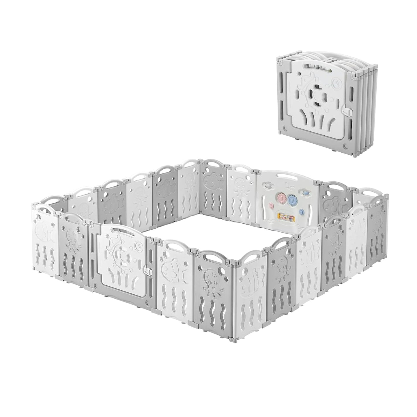 Jocisland 14-Panel Baby Playpen with Game Panel & Safety Gate, Foldable, Adjustable Shape, Portable Play Yard for Toddlers (Pink+White)