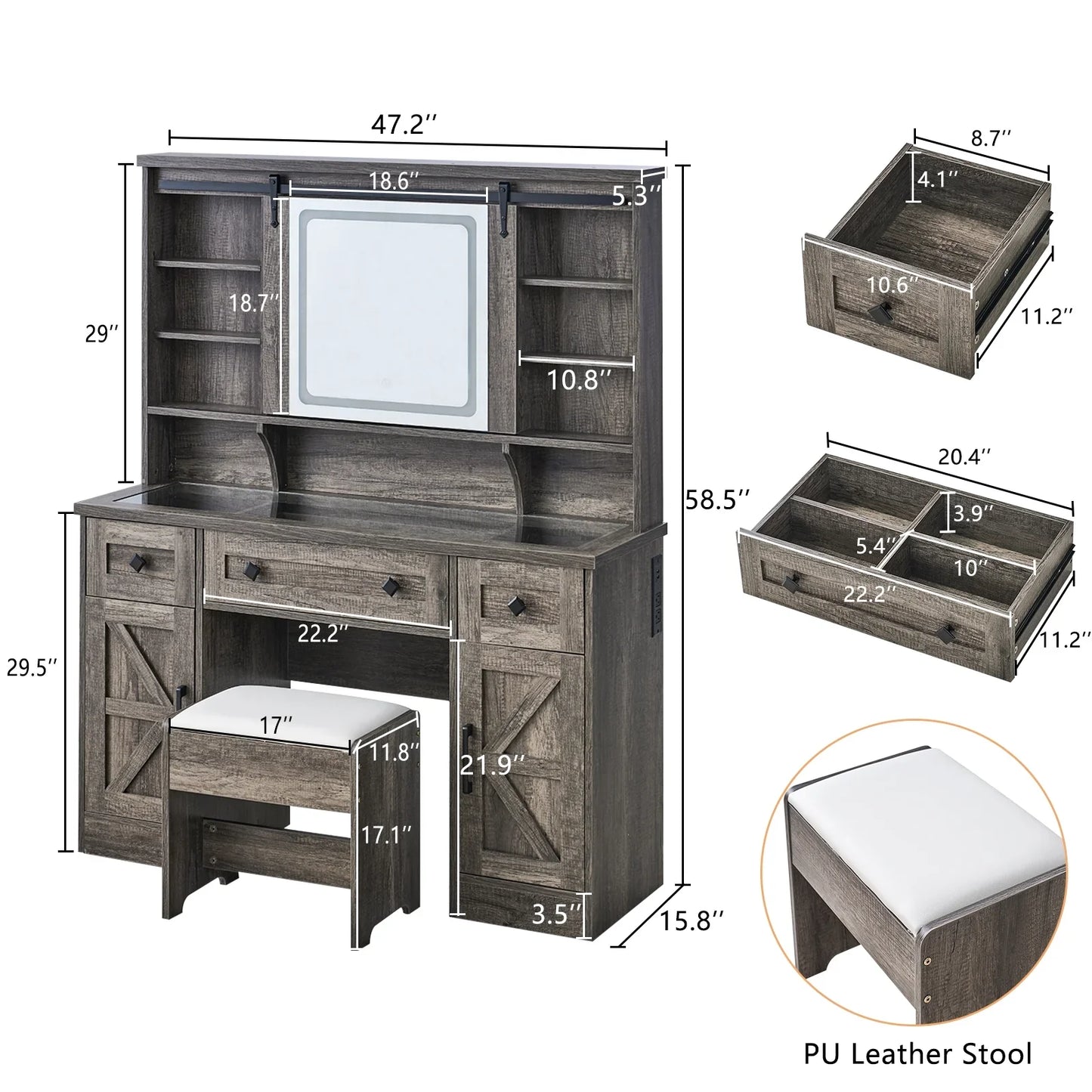 Farmhouse 47.2" Makeup Vanity Desk with Charging Station, Vanity Set with Stool & Sliding Mirror & 3 Brightness Lights, Glass Desktop, Ample Storage, Dark Oak