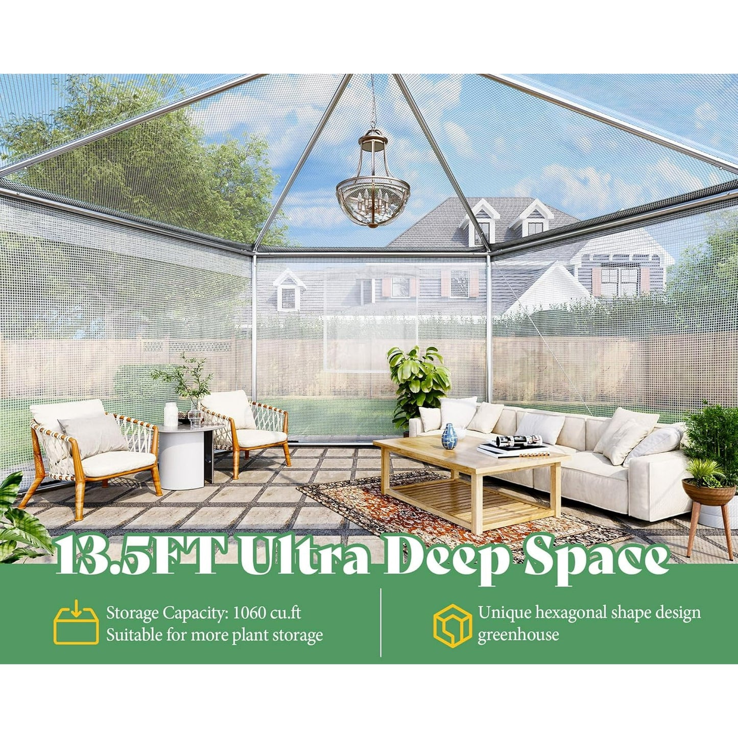 Jocisland 13.5x13.5x9 FT Hexagonal Walk-in Greenhouse for Outdoors, Heavy-Duty Greenhouse with Windbreak Ropes, Waterproof PE Cover, Ground Stakes, Tunnel Green House for Garden, White/Green