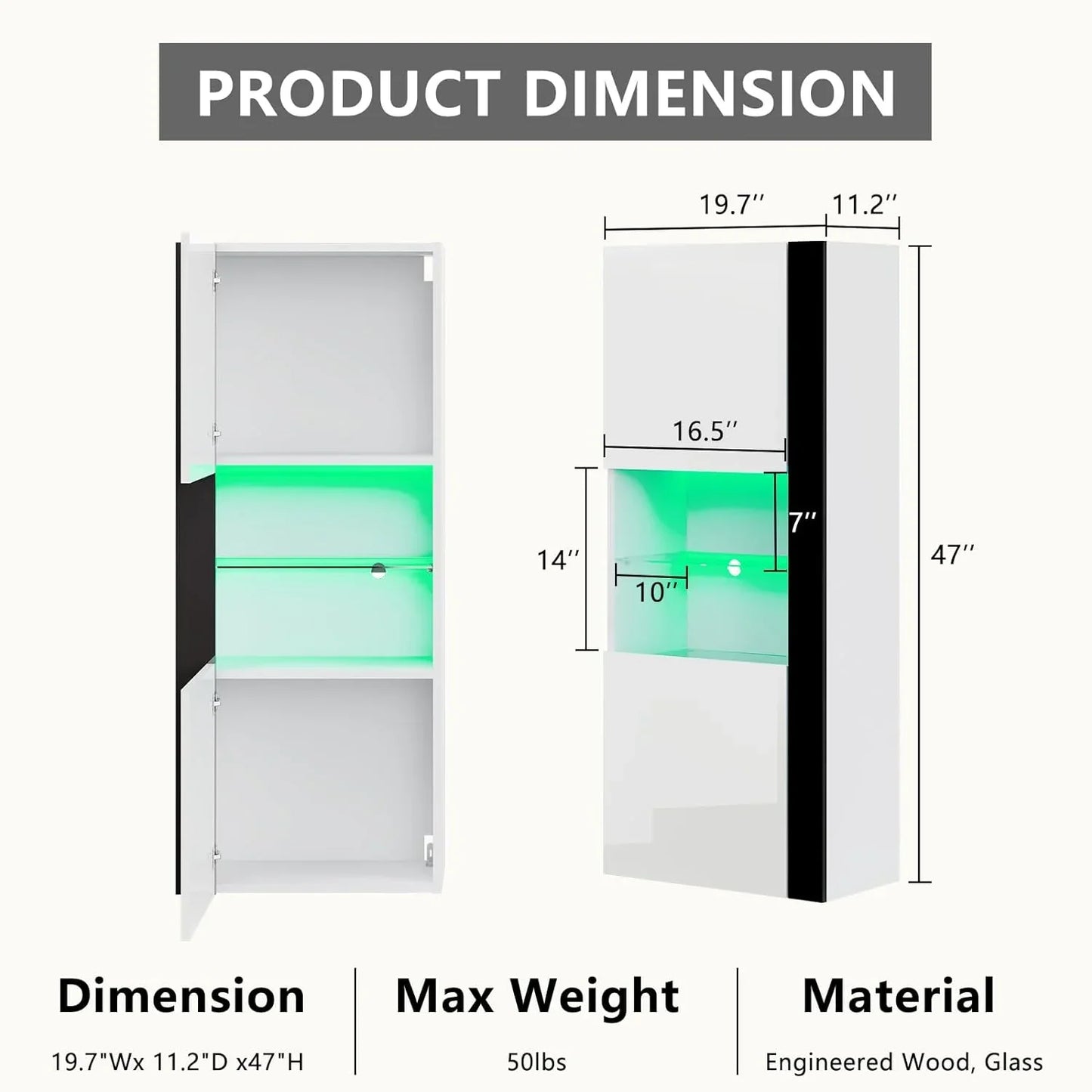 Modern Wall Storage Cabinets with LED Lights, Hanging Cabinets with Closed Doors & Open Shelves, White