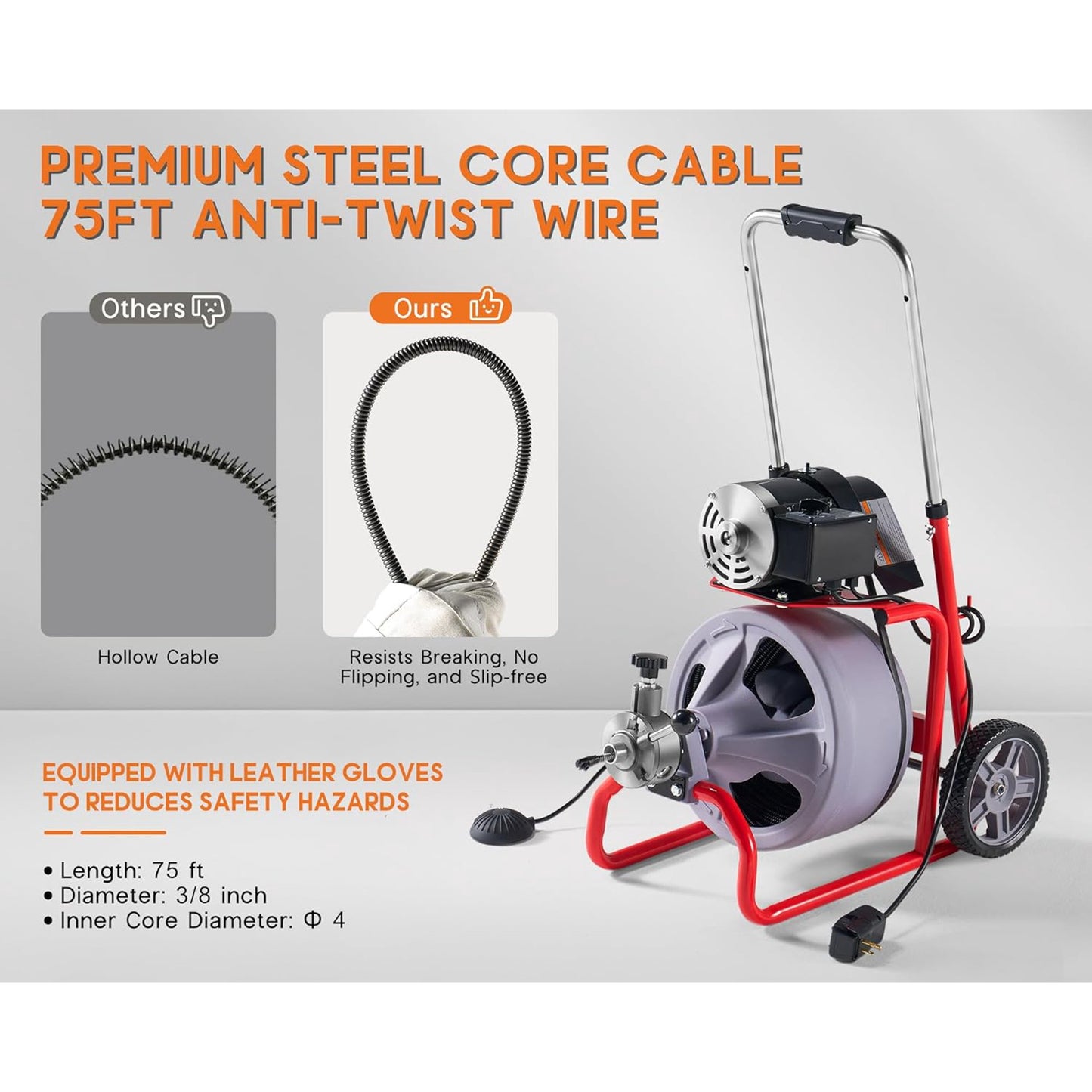 Jocisland Drain Cleaner Machine 75 FT x 3/8 inch, Auto Feed Electric Drain Snake with 9 Cutters & Air-activated Foot Switch for 1 to 4 Inch Pipes, Sewer Snake Auger, Grey/Red