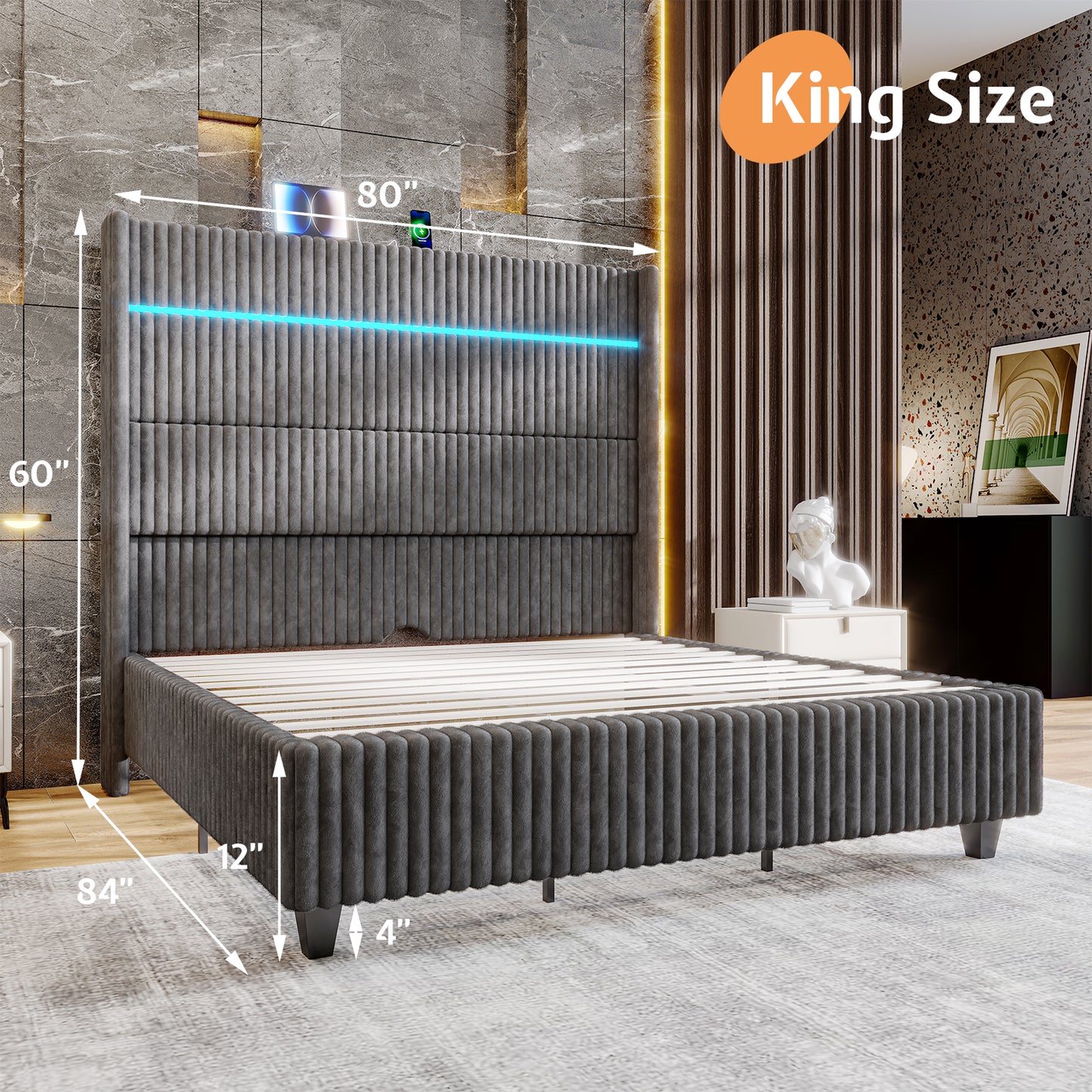Jocisland 60" Tall King Bed Frame with LED Lights, Corduroy Upholstered Platform Bed Frame with Wingback Headboard and Charging Station/No Box Spring Needed/Grey