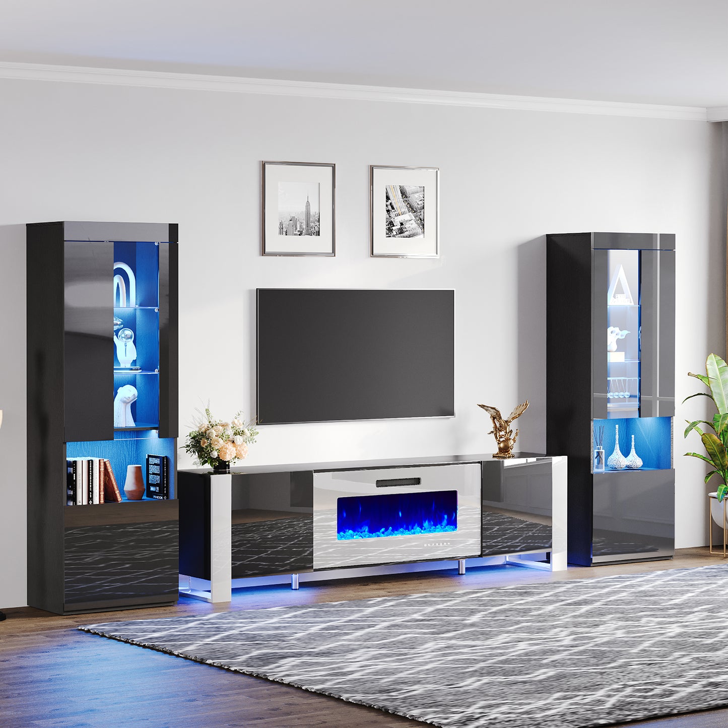 Merluxy 70" Modern Fireplace TV Stand with 36" Electric Fireplace & 2 Large Storage LED Bookcases, 3 Piece Living Room Entertainment Center Set for TVs Up to 80in, All Black