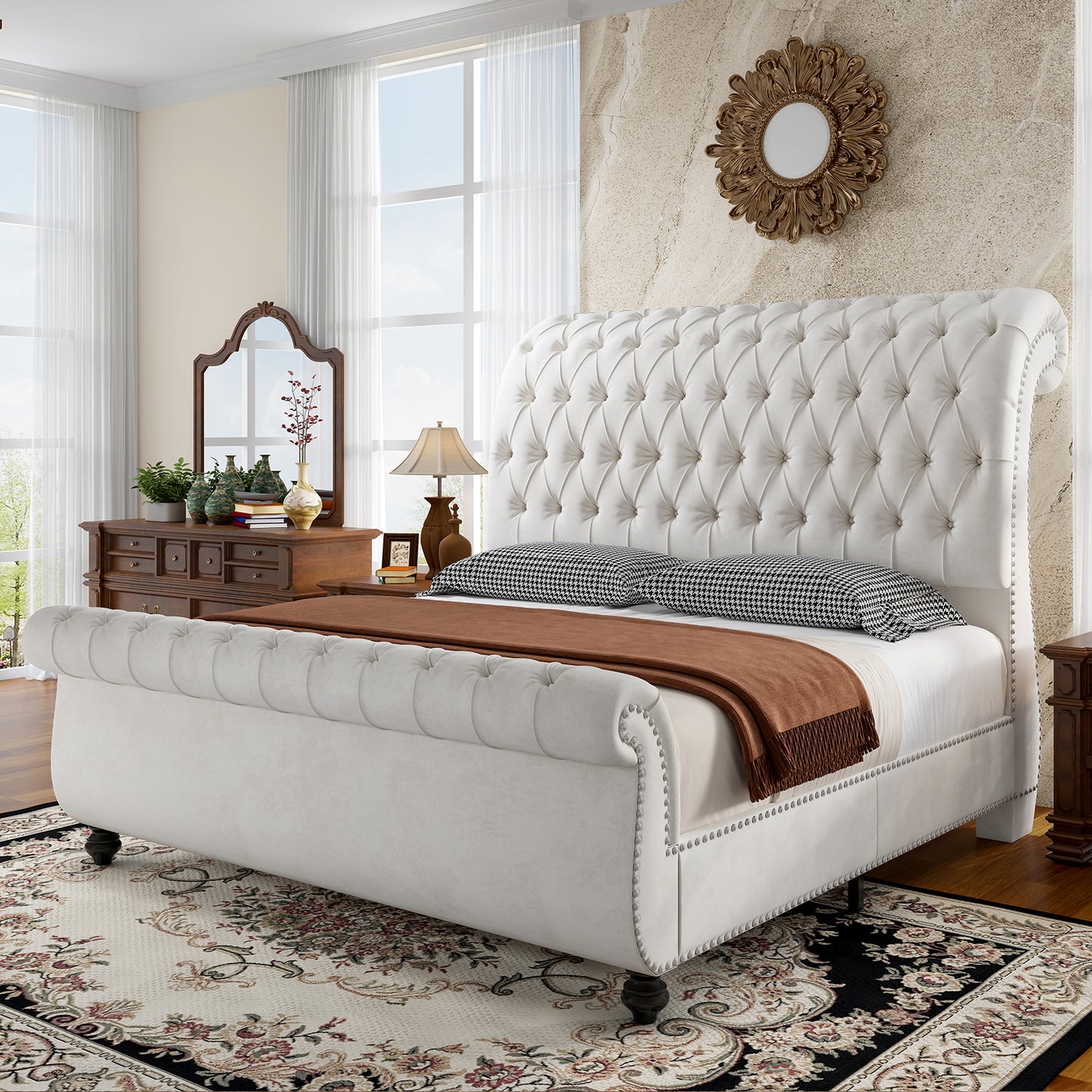 Jocisland Velvet Upholstered Platform Sleigh Bed Frame with Scroll Headboard & Footboard, Button Tufted