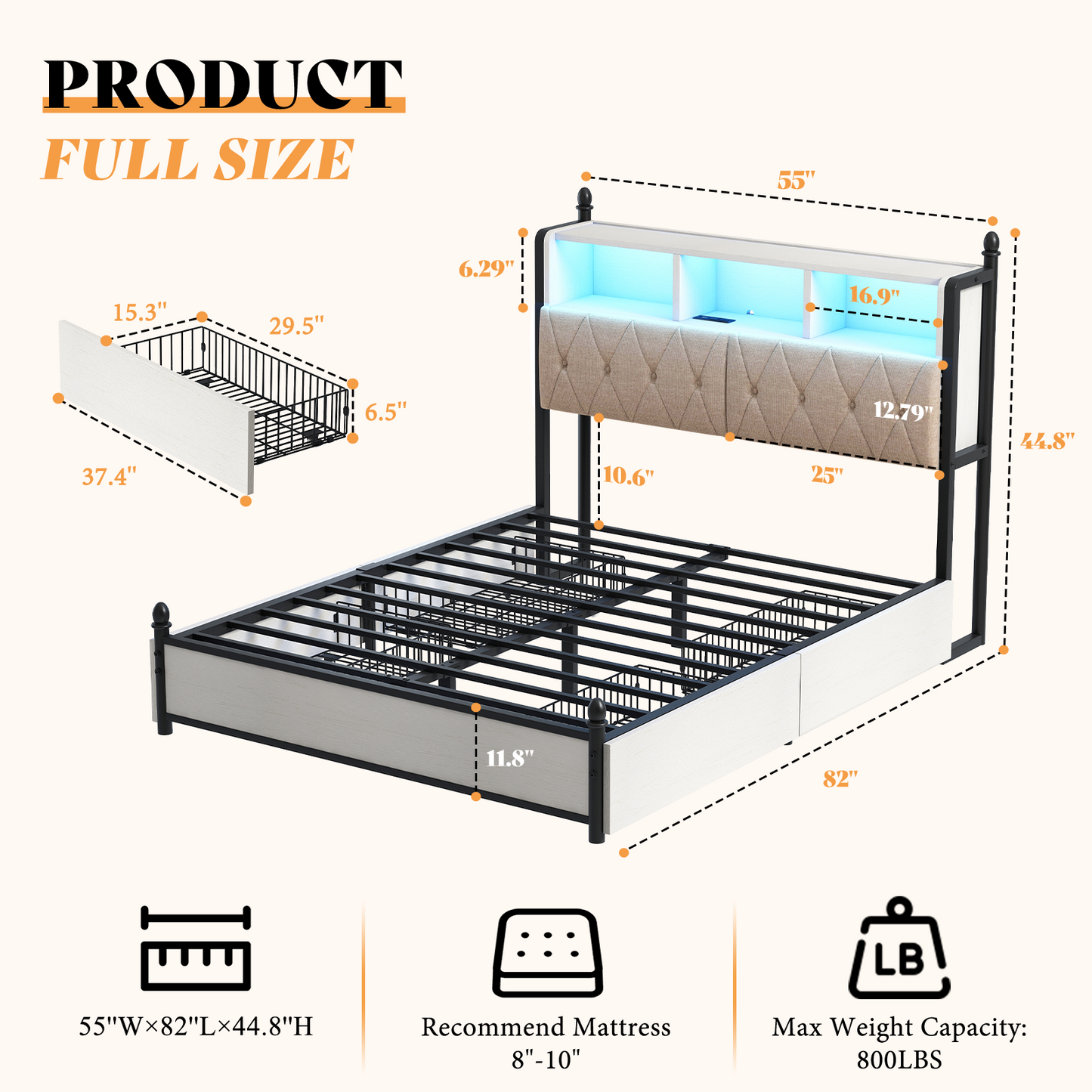 Merluxy Full Size Bed Frame with Bookcase Headboard and 4 Storage Drawers, Wooden Platform Bed with Charging Station and LED Light, No Box Spring Needed/Noise-Free, Gray