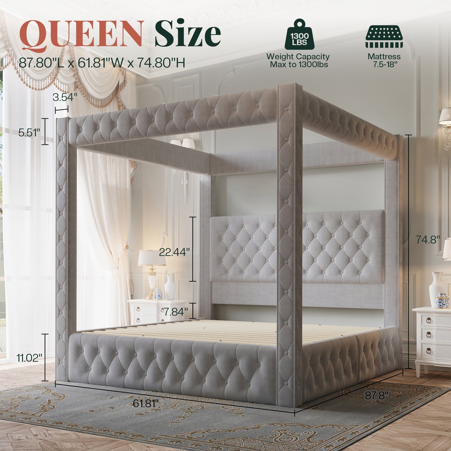 Jocisland Upholstered Canopy Bed Frame with 74.8" Tall Four Poster and Velvet Deep-Tufted Tall Headboard with Charging Station/Modern Luxury Style/No Box Spring Needed