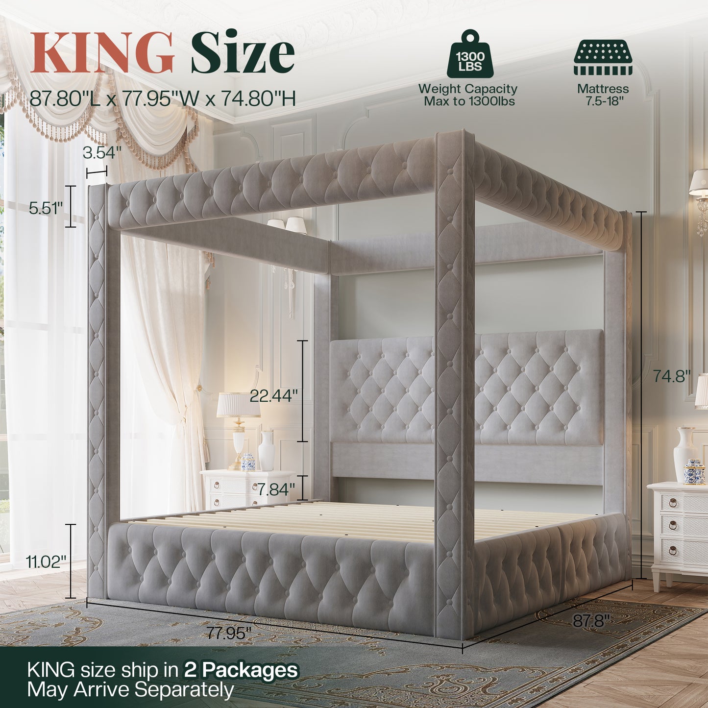 Jocisland Upholstered Canopy Bed Frame with 74.8" Tall Four Poster and Velvet Deep-Tufted Tall Headboard with Charging Station/Modern Luxury Style/No Box Spring Needed