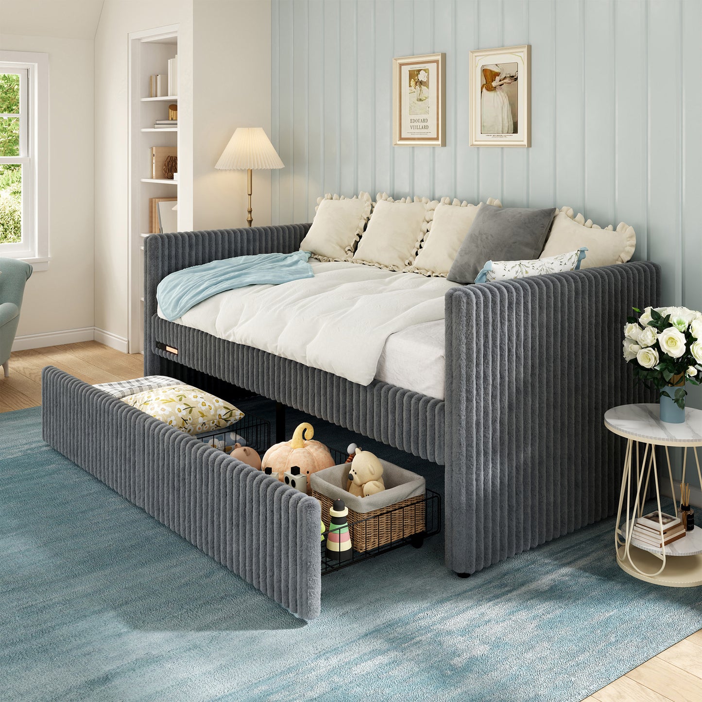 Jocisland Twin Size Corduroy Daybed with 2 Storage Drawers & Bedside Pockets, Upholstery Sofa Bed With Charging & Night Light, Easy Assembly, No Box Spring Needed, for Living Room, Bedroom