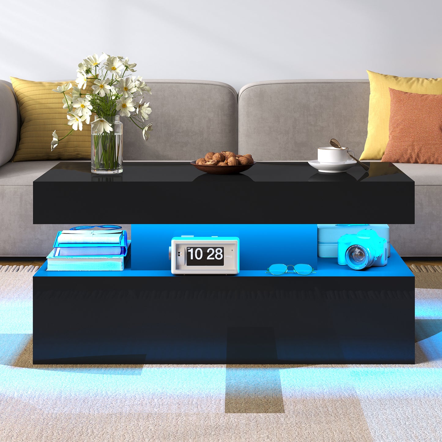 Coffee Table with LED Light, Modern High Gloss Finish Center Table with 2-Tier Storage Space, Minimalist Coffee Table for Living Room, Office, Black