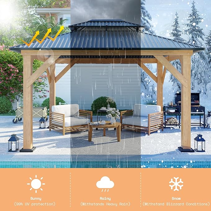 Jocisland Wood Gazebo, Hardtop Gazebo with Aluminum Double Roof, Outdoor Gazebo with Wood Frame for Parties, Backyard, Lawns, Patio, Black + Natural Wood