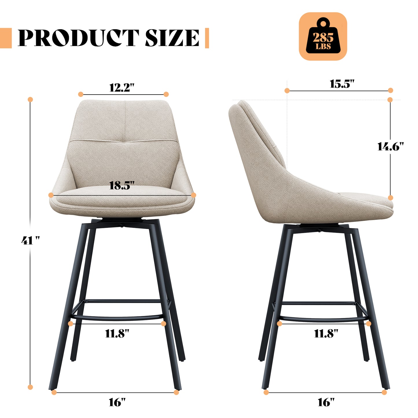 Melucy Counter Height Bar Stools Set of 2, 360° Swivel Bar Stools with Curved Back and Large Seat Cushion, 41" Tall Linen Bar Chair with Metal Footrest, Modern Barstools for Kitchen Island, Black