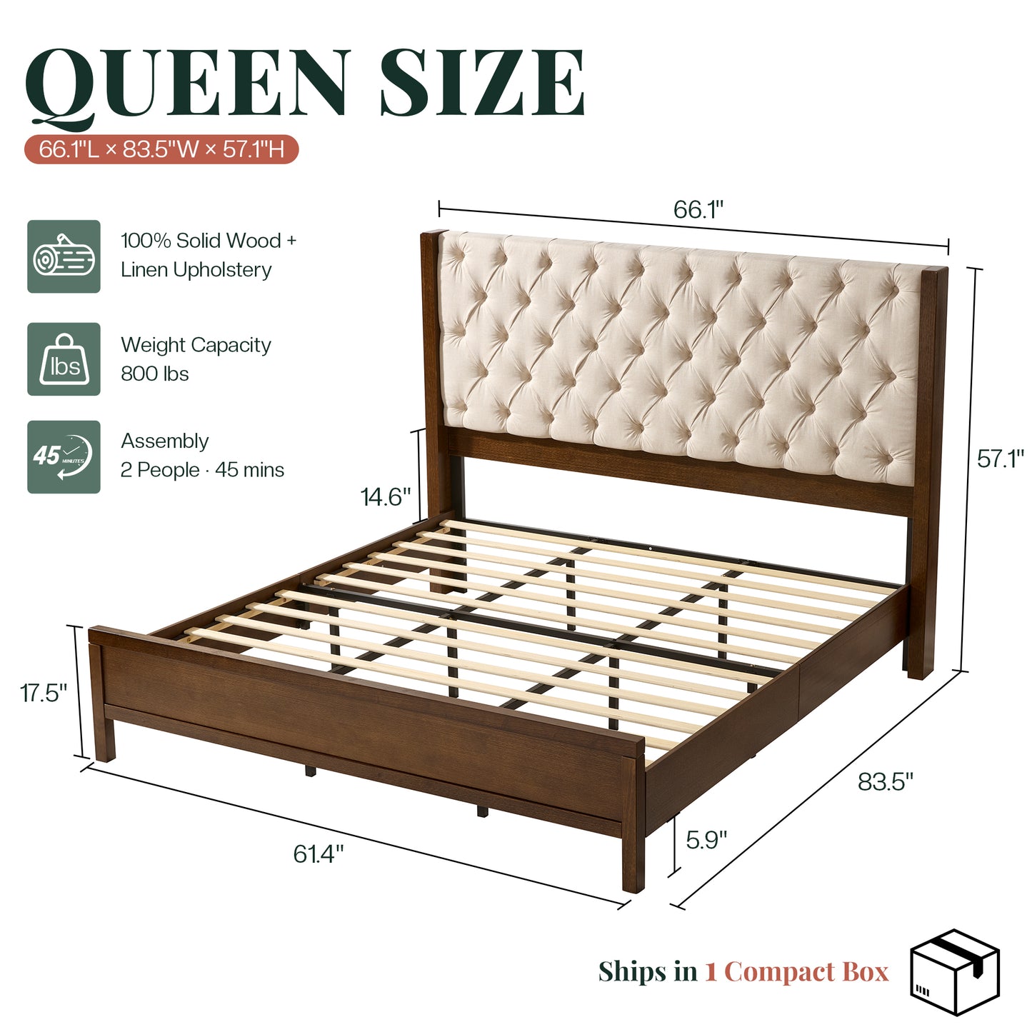 Jocisland Solid Wood Bed Frame, 57" Tall Farmhouse Platform Beds, Upholstered Line Wingback Headboard, Deep Button Tufted, No Box Spring Needed, Easy Assembly