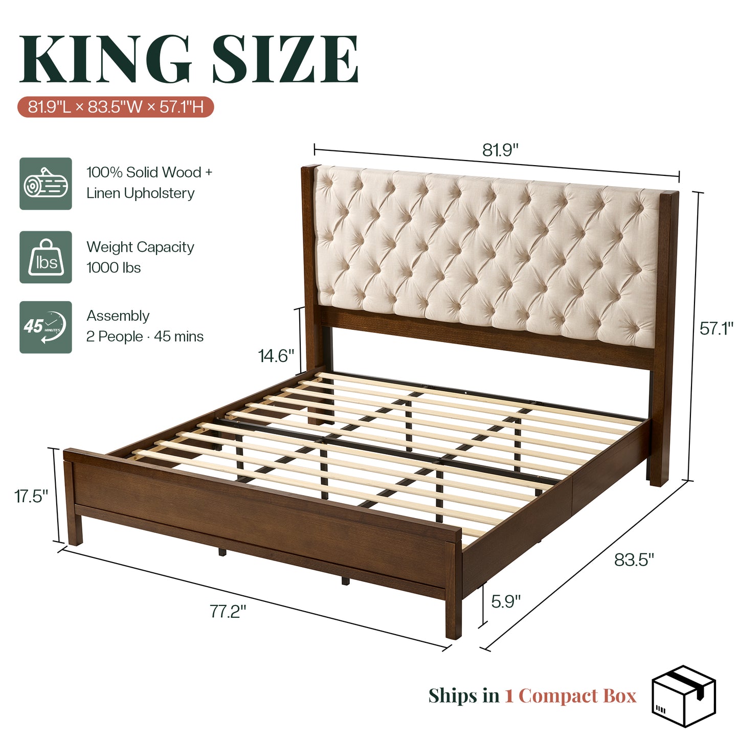 Jocisland Solid Wood Bed Frame, 57" Tall Farmhouse Platform Beds, Upholstered Line Wingback Headboard, Deep Button Tufted, No Box Spring Needed, Easy Assembly
