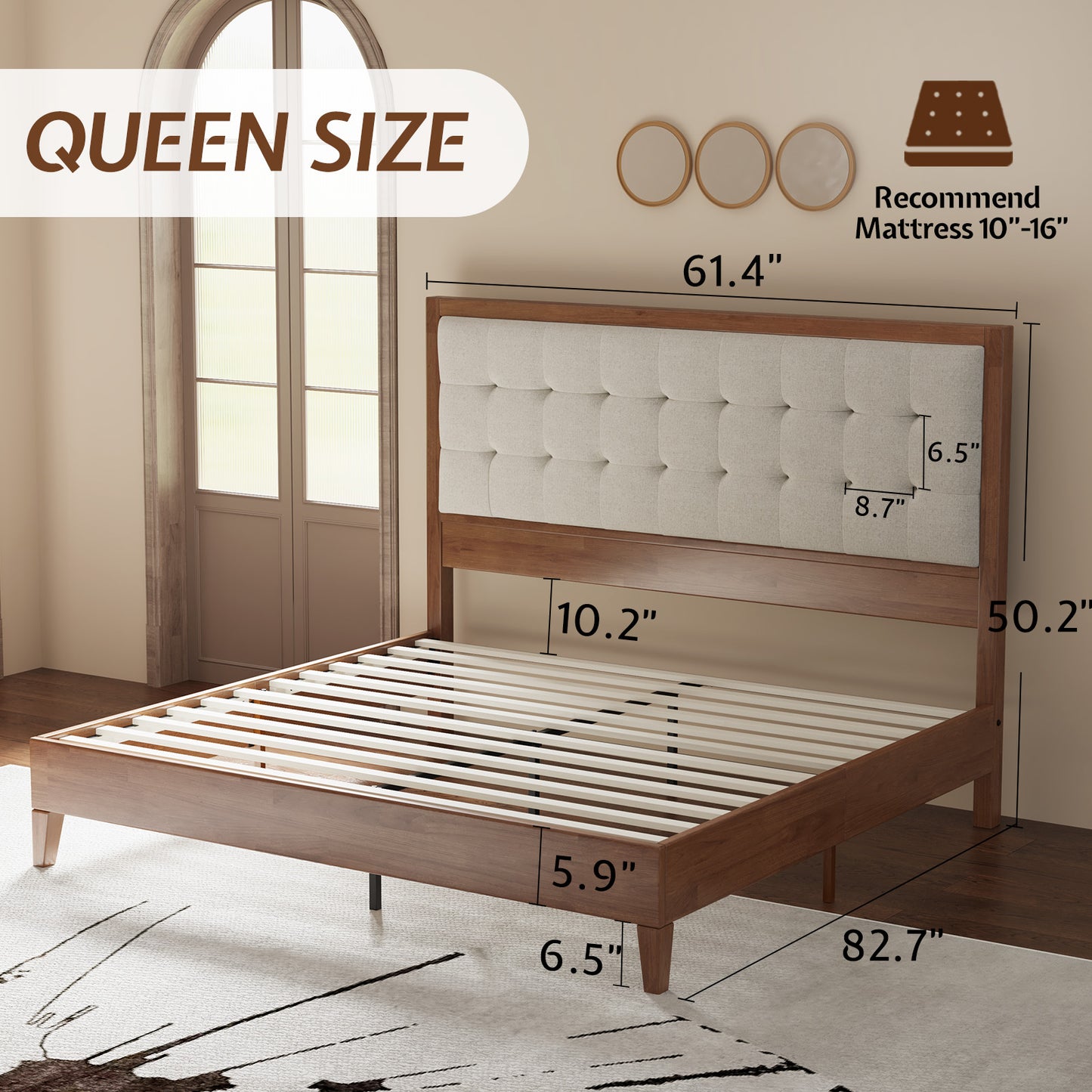 Jocisland Wood Queen Size Bed Frame,Tall Upholstered Tufted Headboard, Solid Wood Platform, No Box Spring Needed, Walnut