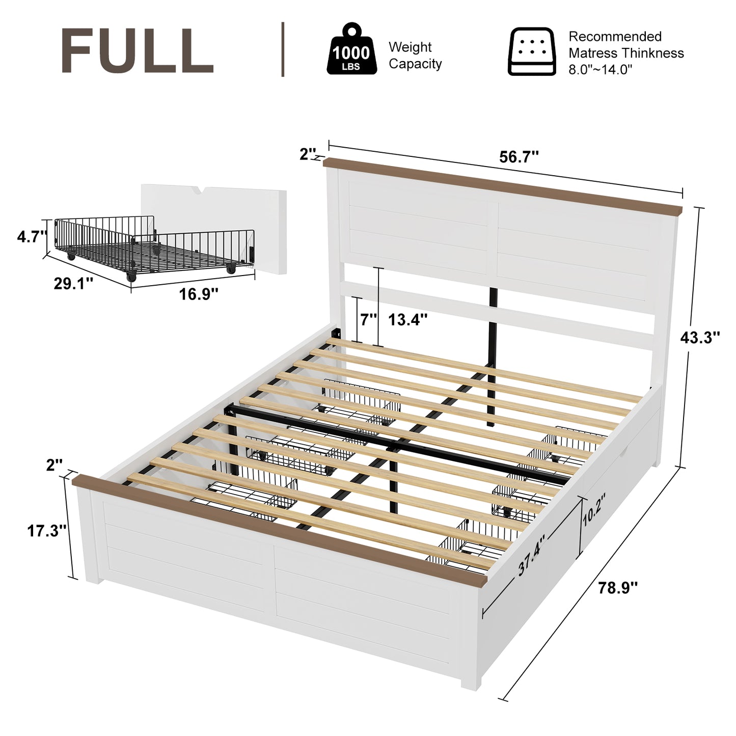 Farmhouse Twin Size Bed Frame with Headboard and 4 Storage Drawers, Solid Wood Barn Door Platform Bed with Wood Slats, Heavy Duty Mattress Foundation, Non-Slip & Noise-Free, Antique White