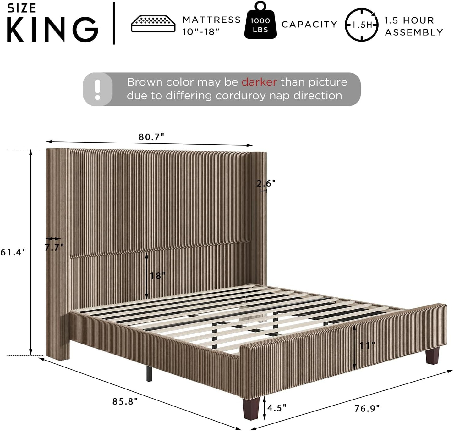 Corduroy Upholstered Bed Frame, Platform Bed with Vertical Stripe Wingback Headboard, No Box Spring Needed/Noise Free/Solid Wood Slats & Legs