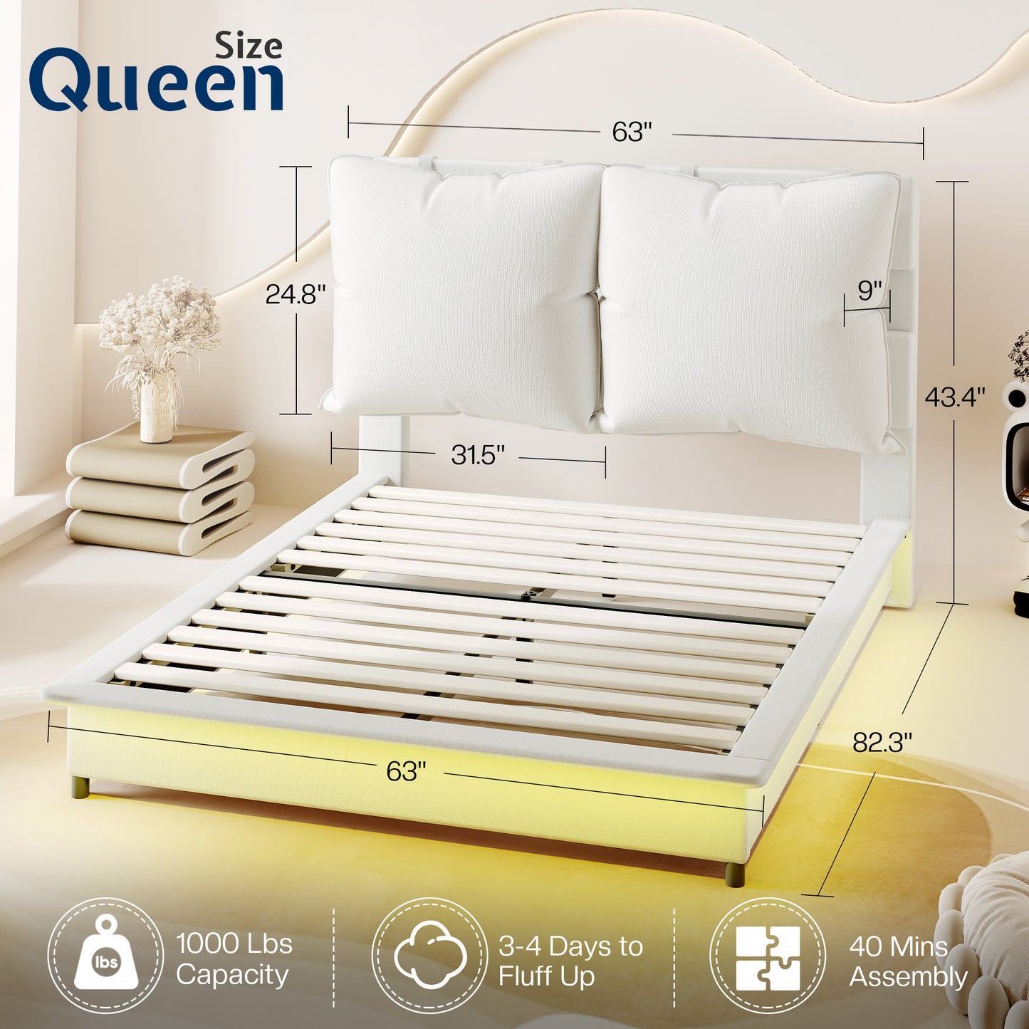 Jocisland Queen Bed Frame with LED Lights and Upholstered Headboard, Floating Design with Recessed Legs, Soft Detachable Backrest, No Box Spring Needed, Modern Style, White