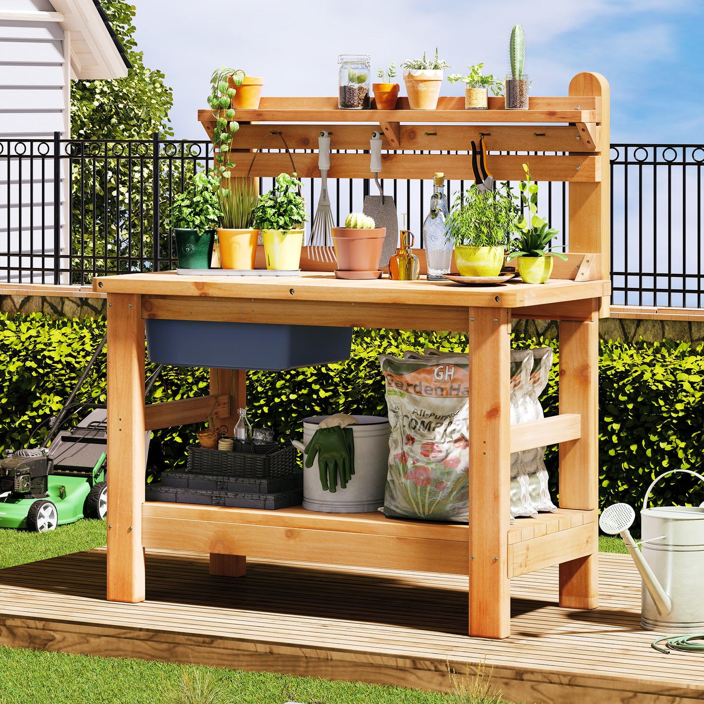 Jocisland Solid Wood Outdoor Potting Bench Table with Large Tabletop, Heavy-Duty Garden Workstation with Removable Plastic Bin, Multi-Level Storage Shelf, Easy Assembly for Patio, Yard & Gardening
