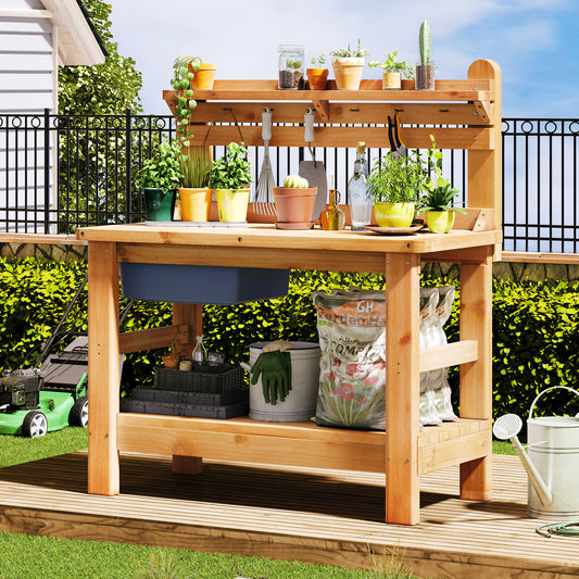 Jocisland Solid Wood Outdoor Potting Bench Table with Large Tabletop, Heavy-Duty Garden Workstation with Removable Plastic Bin, Multi-Level Storage Shelf, Easy Assembly for Patio, Yard & Gardening