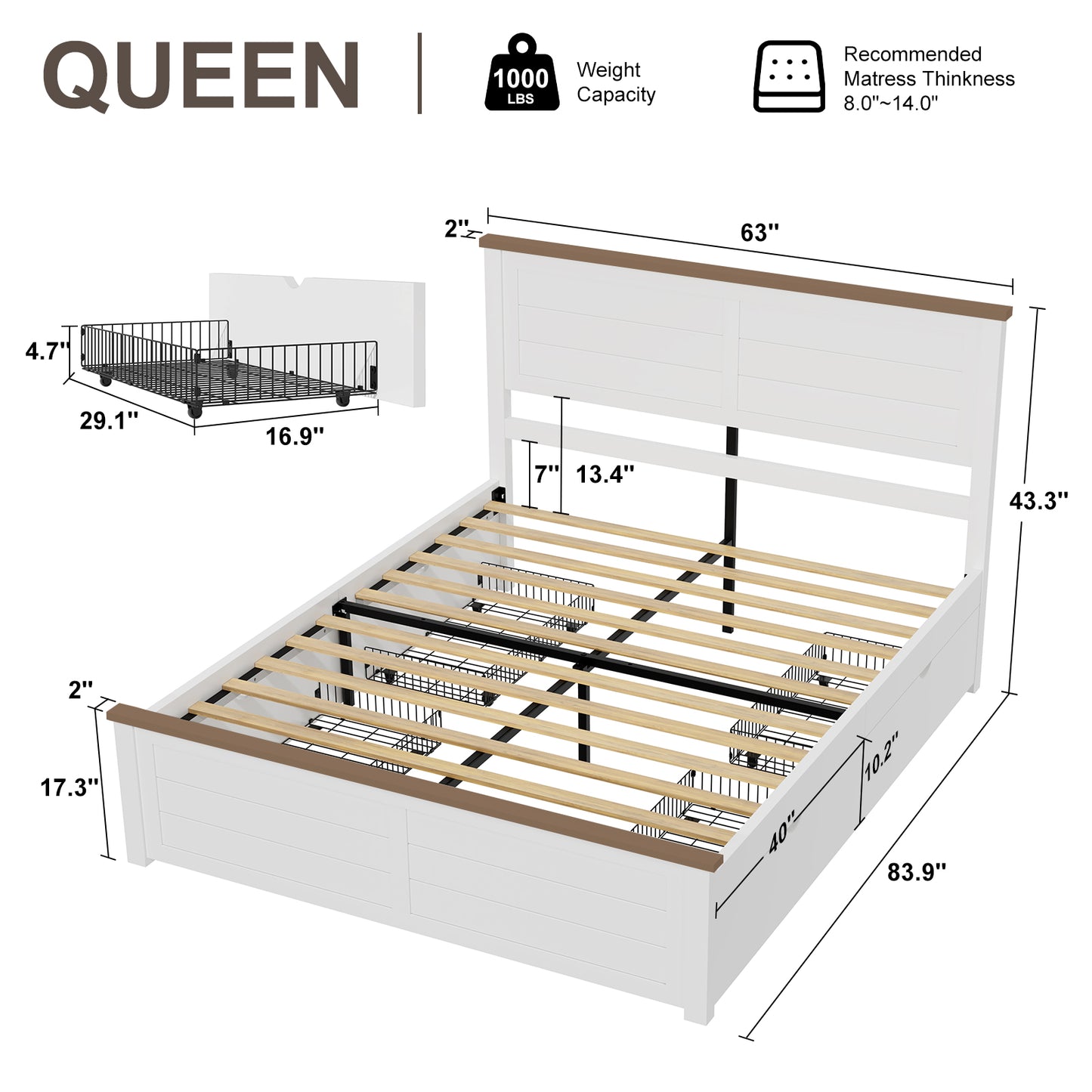 Farmhouse Twin Size Bed Frame with Headboard and 4 Storage Drawers, Solid Wood Barn Door Platform Bed with Wood Slats, Heavy Duty Mattress Foundation, Non-Slip & Noise-Free, Antique White