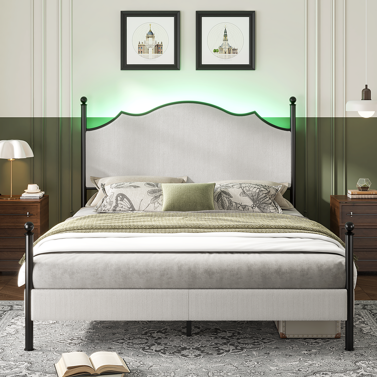 Merluxy Upholstered Full Size Bed Frame with 51.2" Tall Headboard, Metal Four Poster LED Beds for Bedroom, Easy Assembly, Wooden Slats, Grey