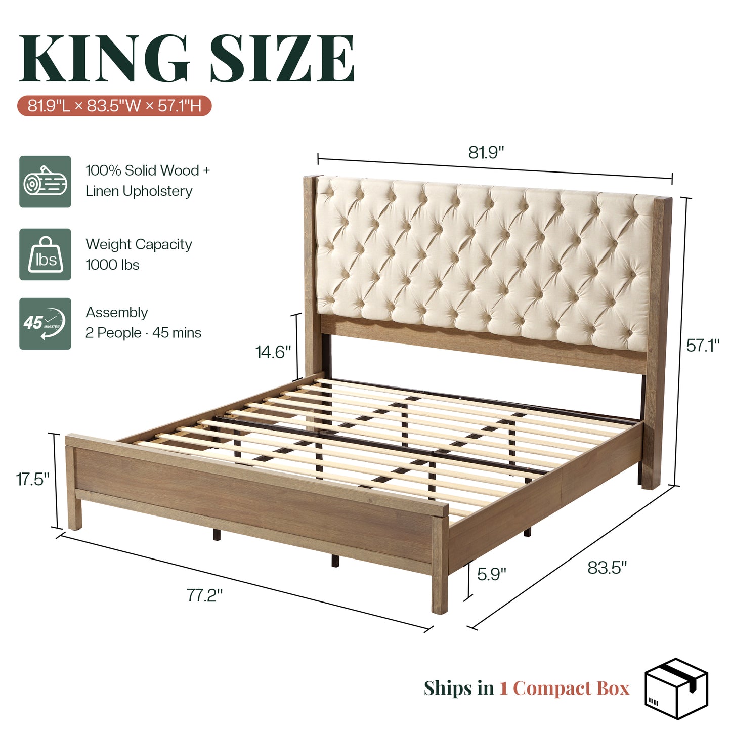 Jocisland Solid Wood Bed Frame, 57" Tall Farmhouse Platform Beds, Upholstered Line Wingback Headboard, Deep Button Tufted, No Box Spring Needed, Easy Assembly