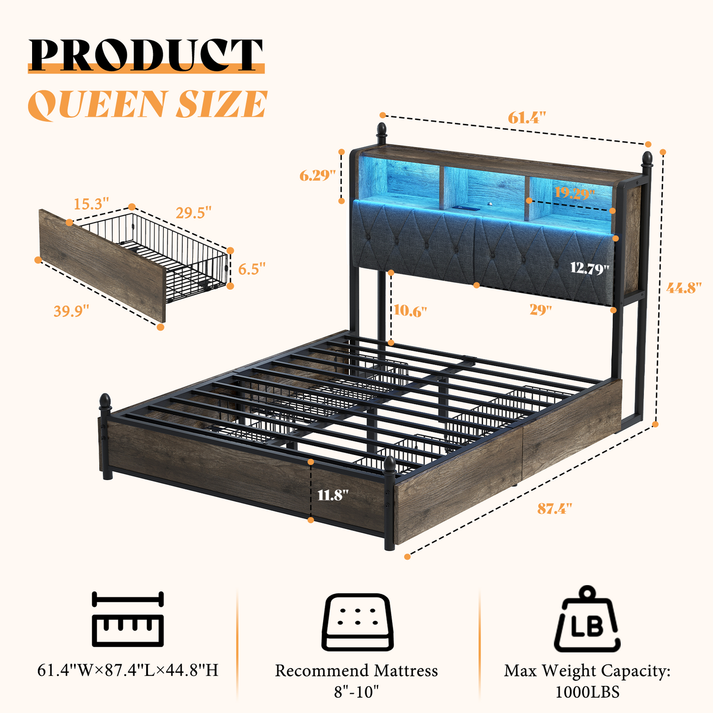 Merluxy Full Size Bed Frame with Bookcase Headboard and 4 Storage Drawers, Wooden Platform Bed with Charging Station and LED Light, No Box Spring Needed/Noise-Free, Gray