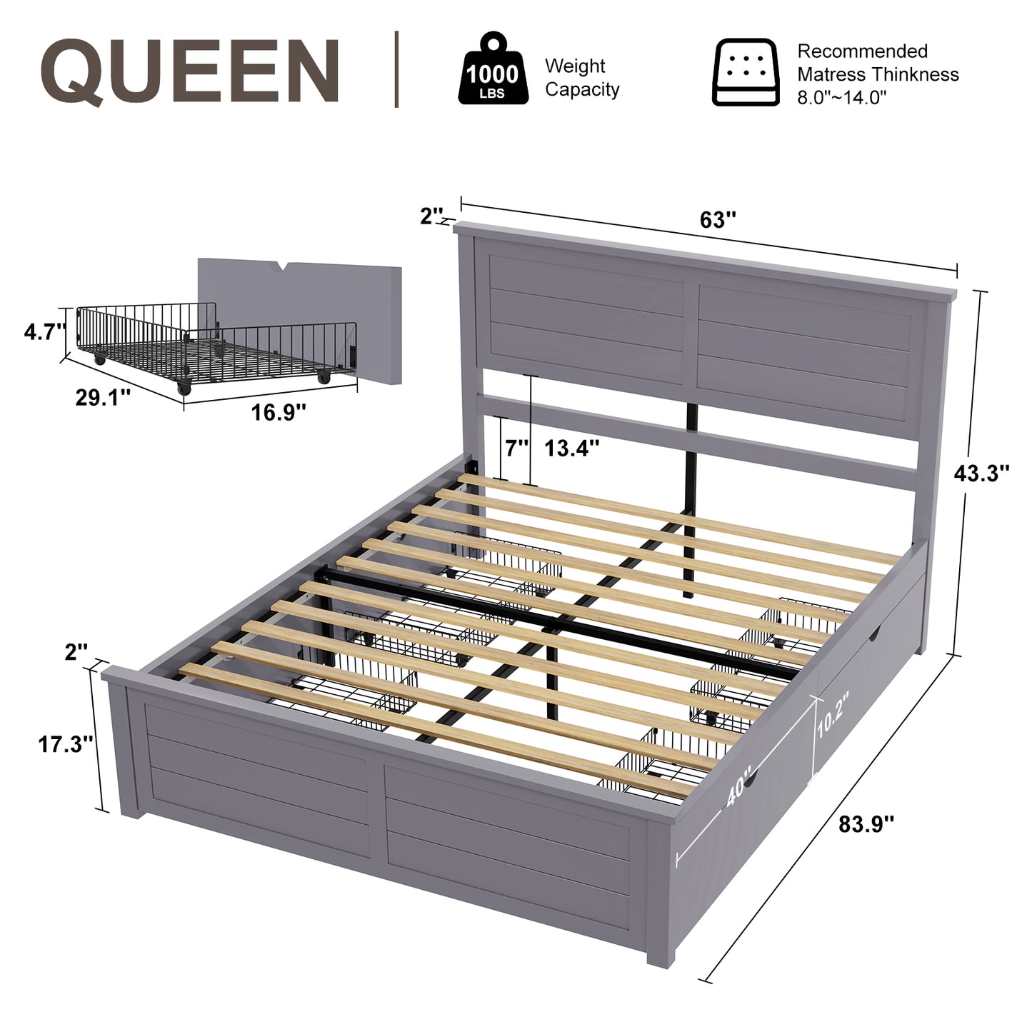 Farmhouse Twin Size Bed Frame with Headboard and 4 Storage Drawers, Solid Wood Barn Door Platform Bed with Wood Slats, Heavy Duty Mattress Foundation, Non-Slip & Noise-Free, Antique White