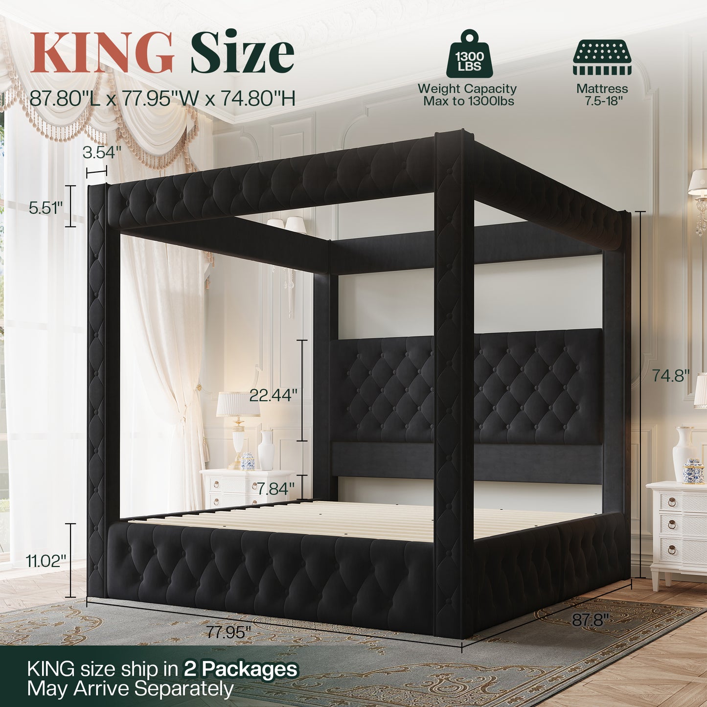 Jocisland Upholstered Canopy Bed Frame with 74.8" Tall Four Poster and Velvet Deep-Tufted Tall Headboard with Charging Station/Modern Luxury Style/No Box Spring Needed