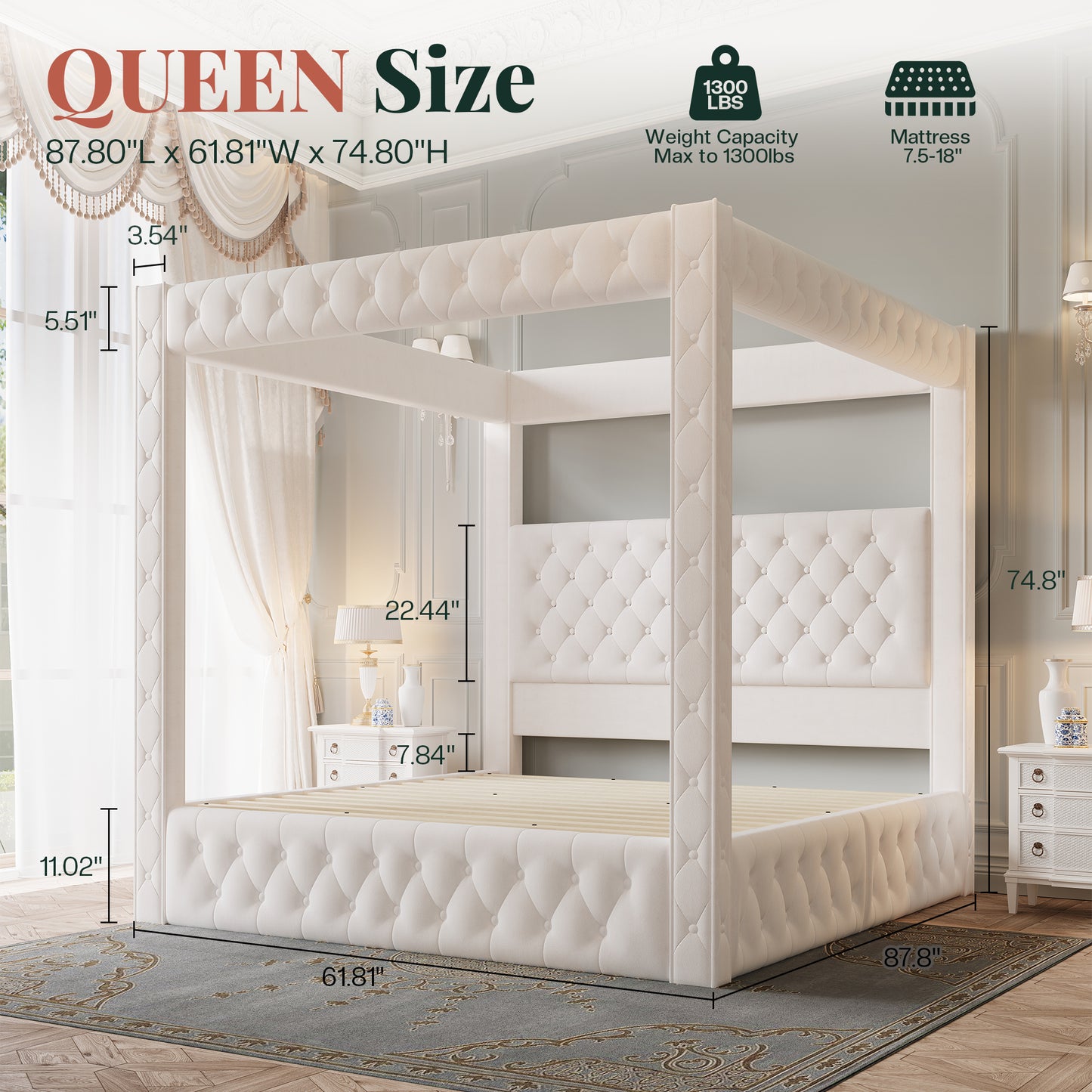 Jocisland Upholstered Canopy Bed Frame with 74.8" Tall Four Poster and Velvet Deep-Tufted Tall Headboard with Charging Station/Modern Luxury Style/No Box Spring Needed