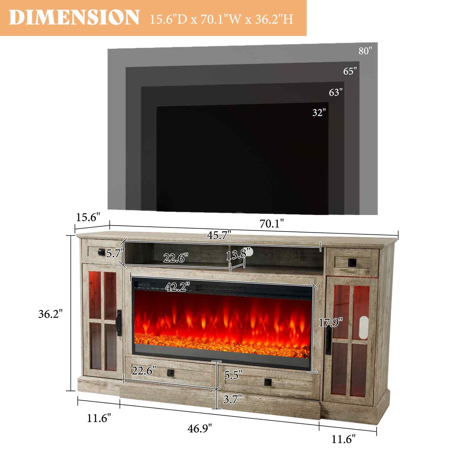 Merluxy 70“ Fireplace TV Stand for 80 Inch TV,Farmhouse TV Stand with 42" Fireplace & LED Lights,Entertainment Center with Storage Drawers & Cabinets,Antique White