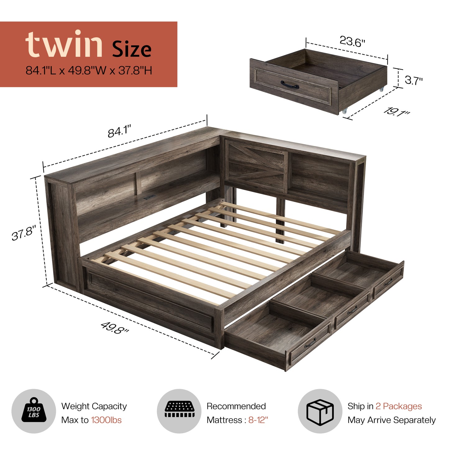 Jocisland Corner Bed Frame with Storage Drawers and Bookcase Headboard, Charging Station and Led Lights, Farmhouse Wood Daybed for Kids Teens, No Box Spring Needed