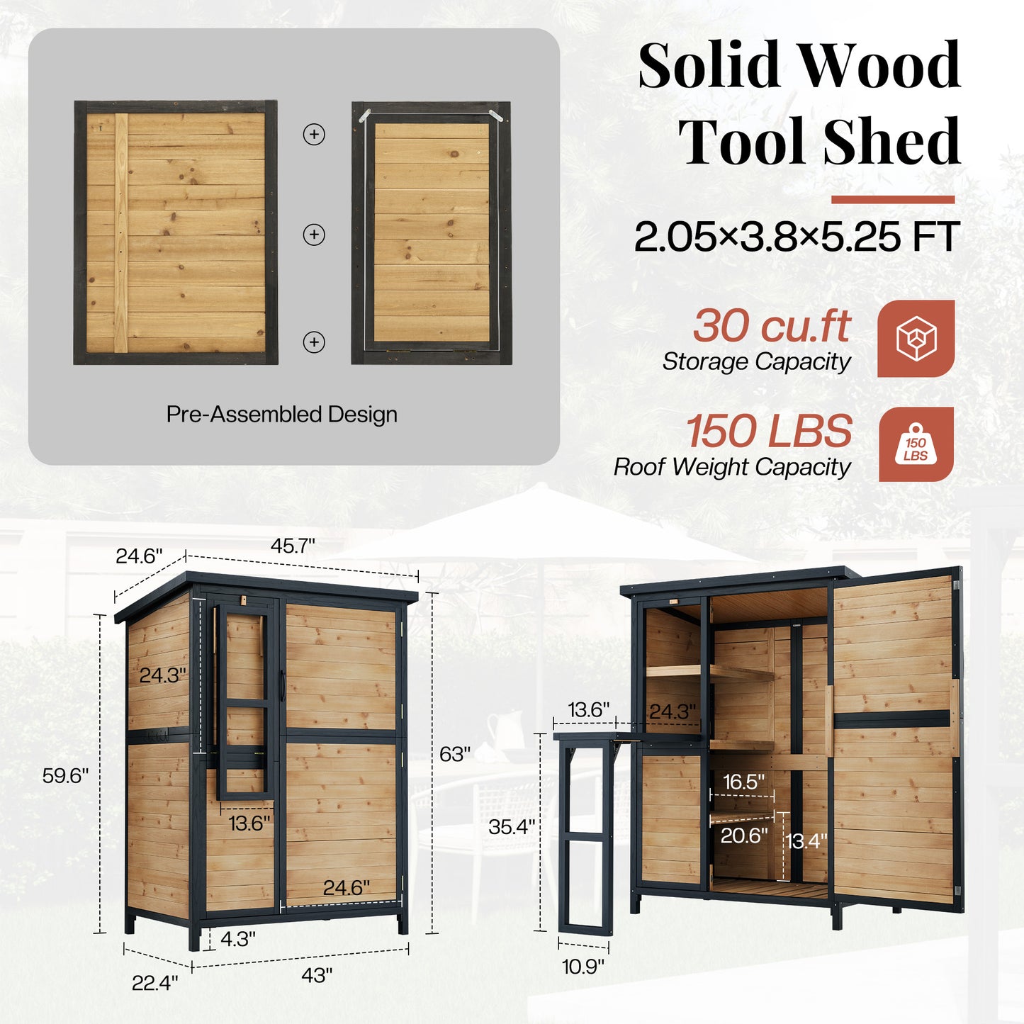 Jocisland Solid Wood Outdoor Storage Shed,Garden Tool Shed with Foldable Workbench, Adjustable Shelves,Slooping Roof,Weatherproof Utility Cabinet for Backyard,Patio&Lawn, Poolside