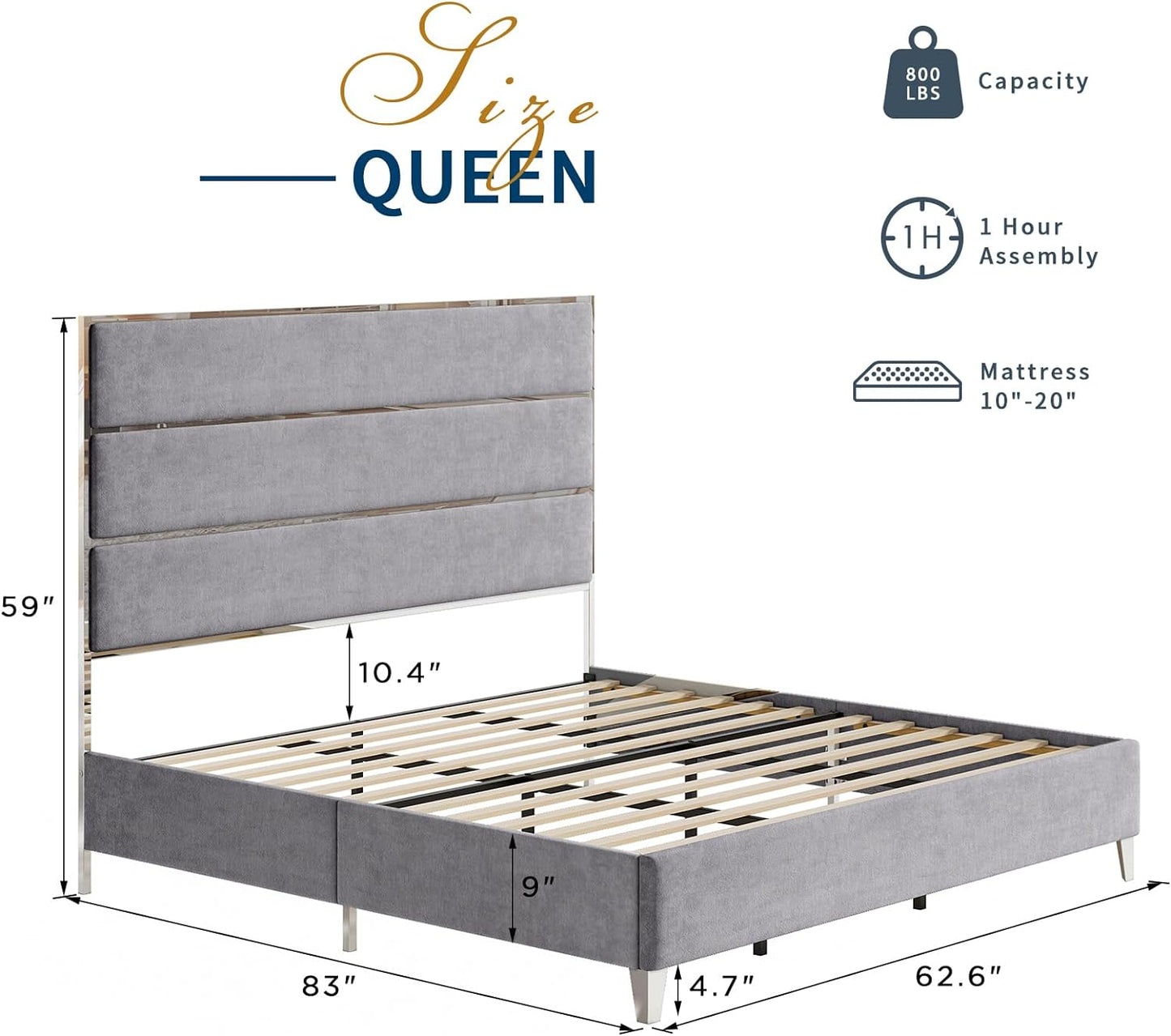 Bed Frame with 59" Headboard, Upholstered Platform Bed with Silver Mirrored Trim, Velvet Bed with Channel Tufted, Chrome Finish/Wood Slats