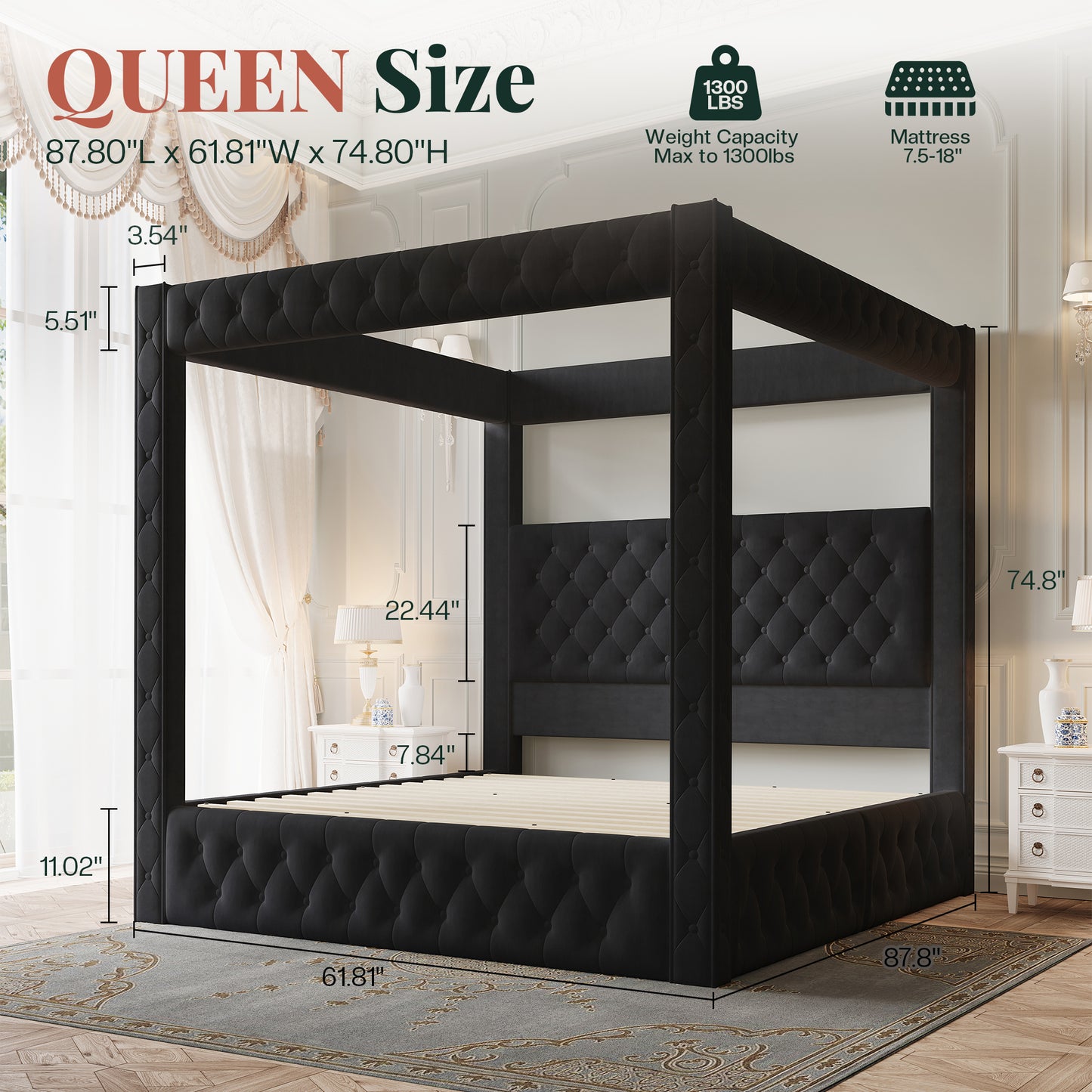 Jocisland Upholstered Canopy Bed Frame with 74.8" Tall Four Poster and Velvet Deep-Tufted Tall Headboard with Charging Station/Modern Luxury Style/No Box Spring Needed