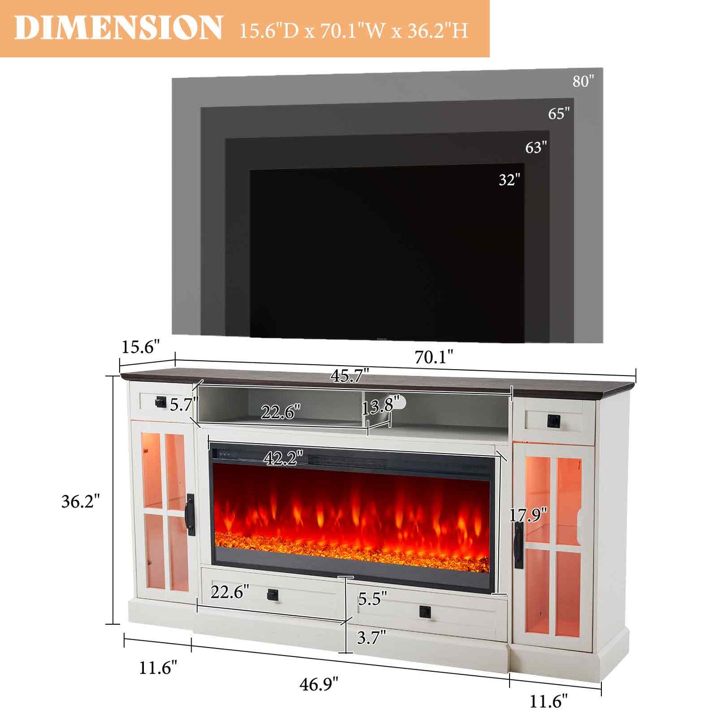 Merluxy 70“ Fireplace TV Stand for 80 Inch TV,Farmhouse TV Stand with 42" Fireplace & LED Lights,Entertainment Center with Storage Drawers & Cabinets,Antique White